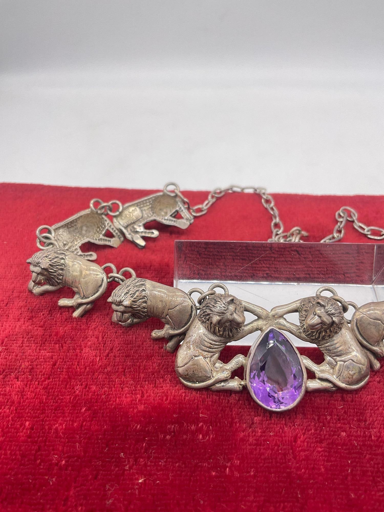 Amazing 1990 Carol Felley Sterling silver Lion statement necklace with amethyst glass pendant - 4