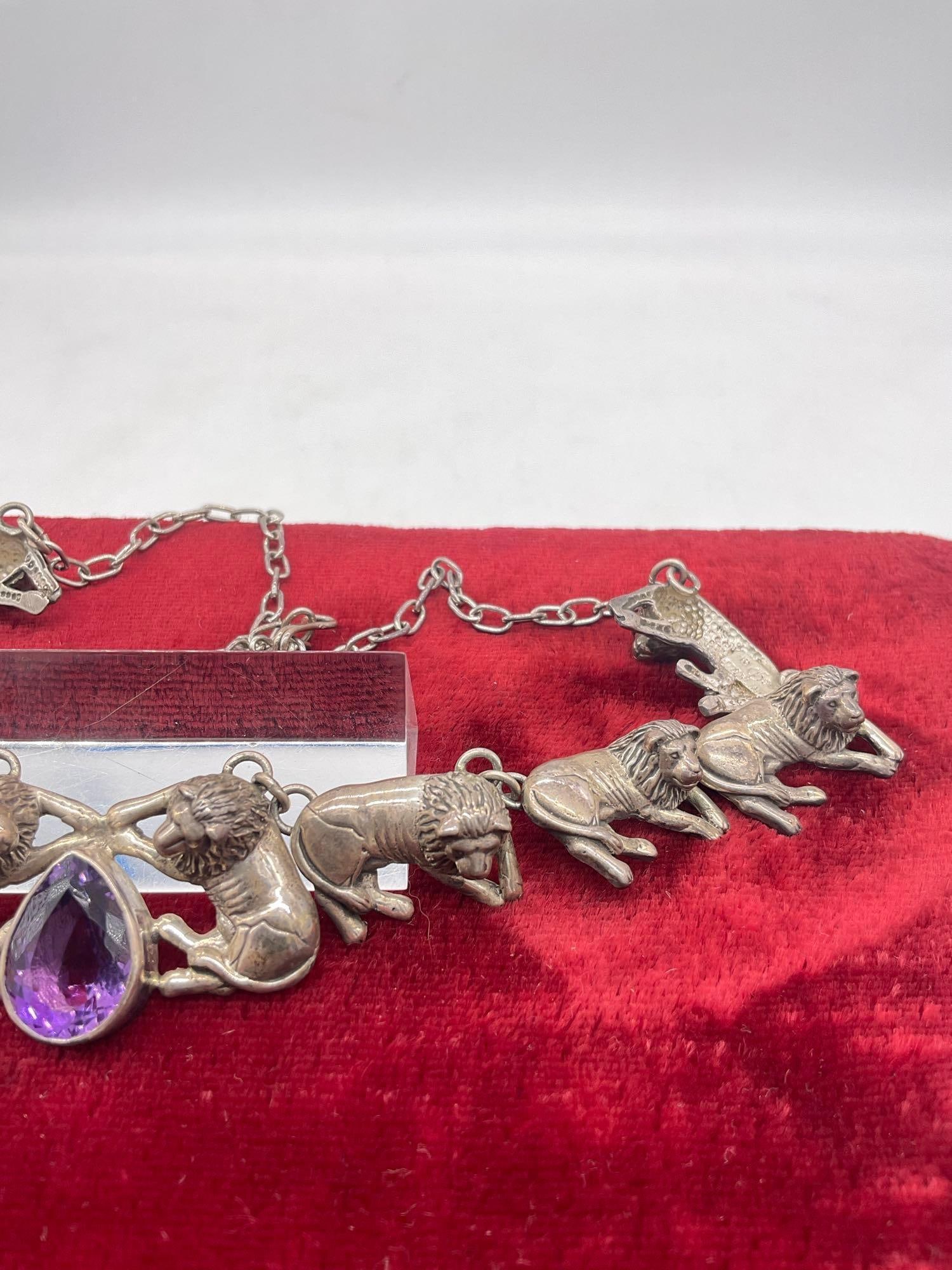 Amazing 1990 Carol Felley Sterling silver Lion statement necklace with amethyst glass pendant - 5
