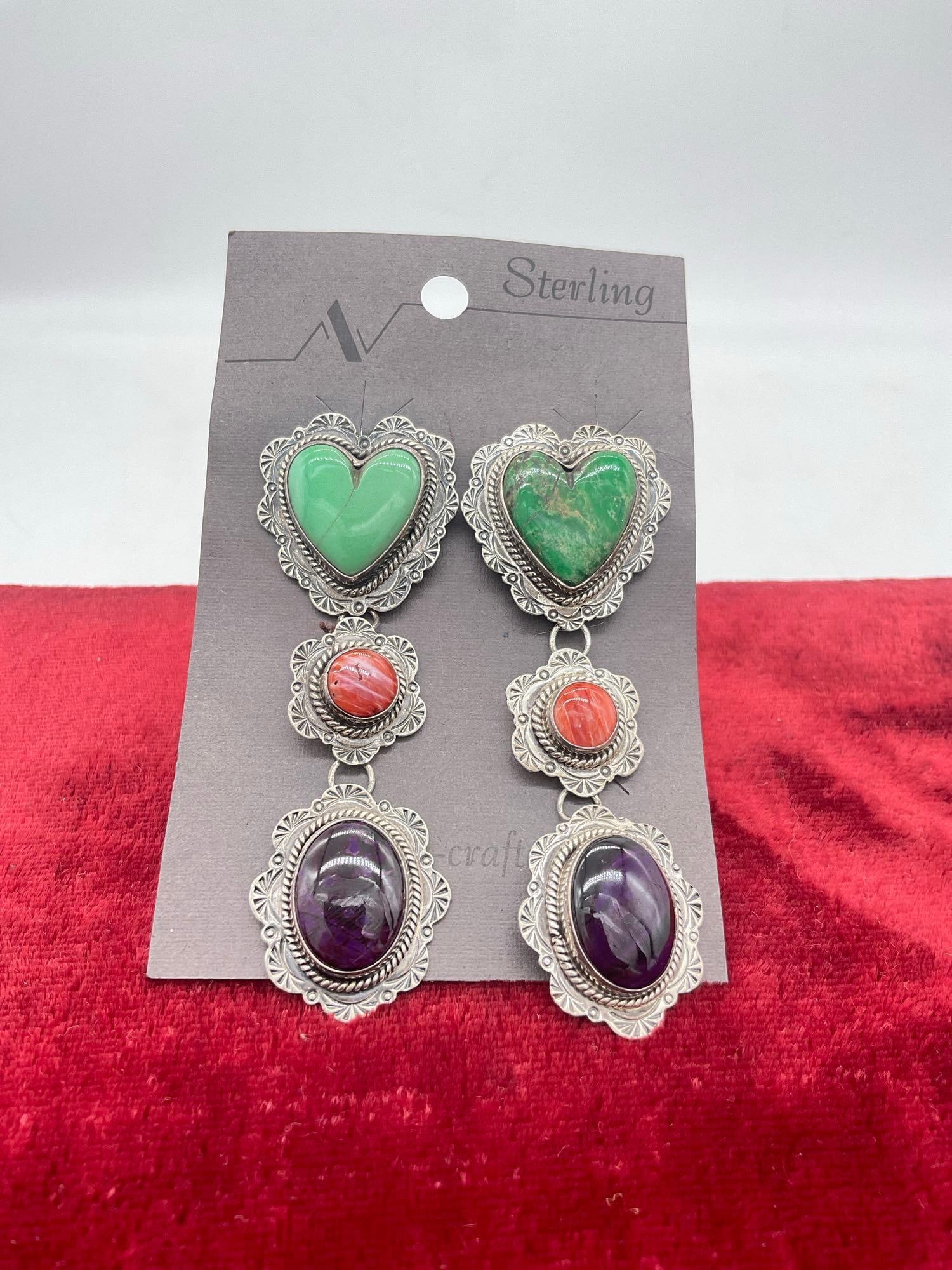 Lovely pair of Nakai Native American signed sterling silver earrings w/ malachite and coral: Approx 3" in length and approx 25 grams ttw