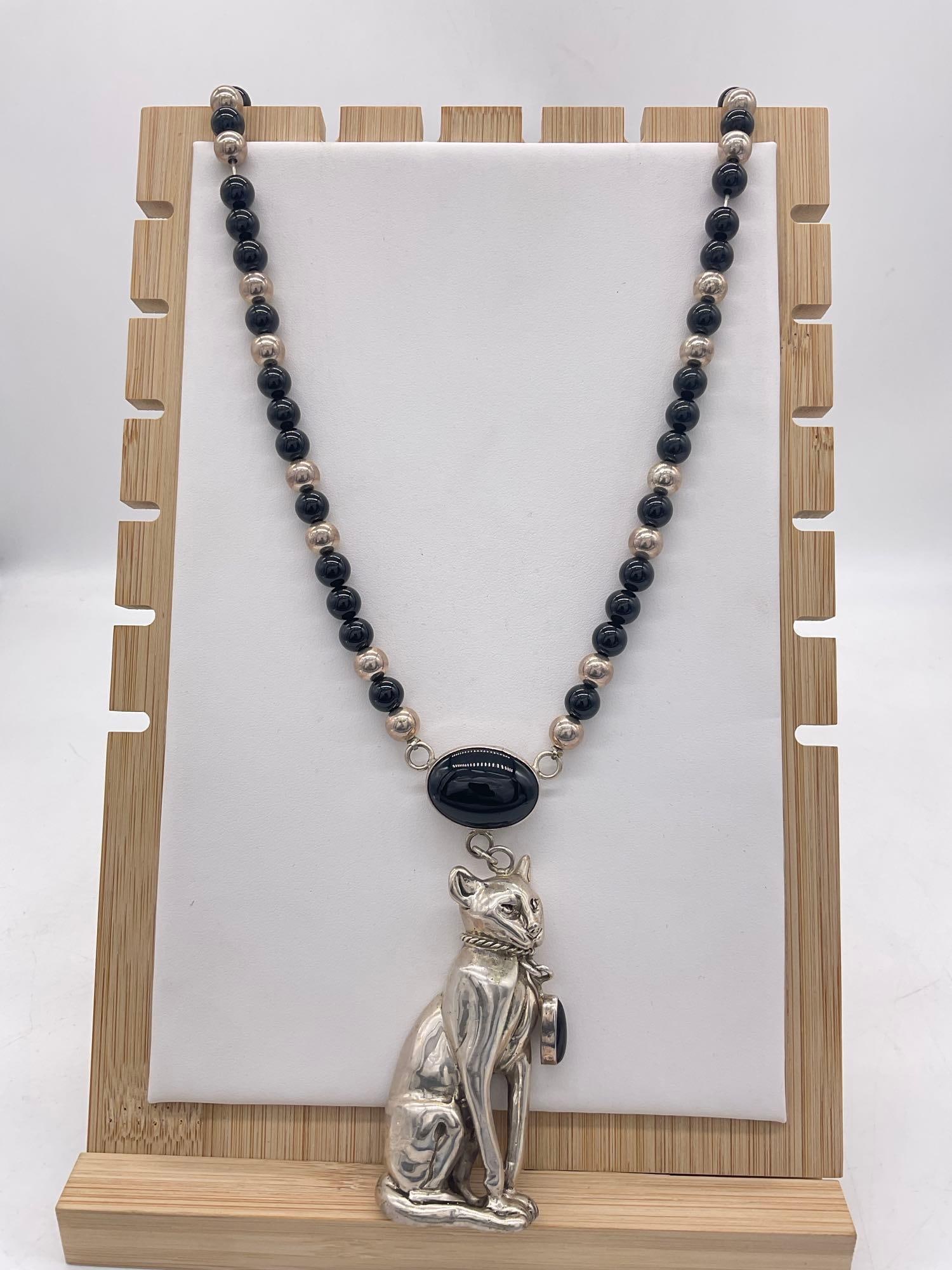 Stunning 1989 Carol Felley Sterling silver and onyx Cat pendant statement necklace - 109 grams!: Approx 109 grams ttw, sterling silver and hallmarked Carol Felley