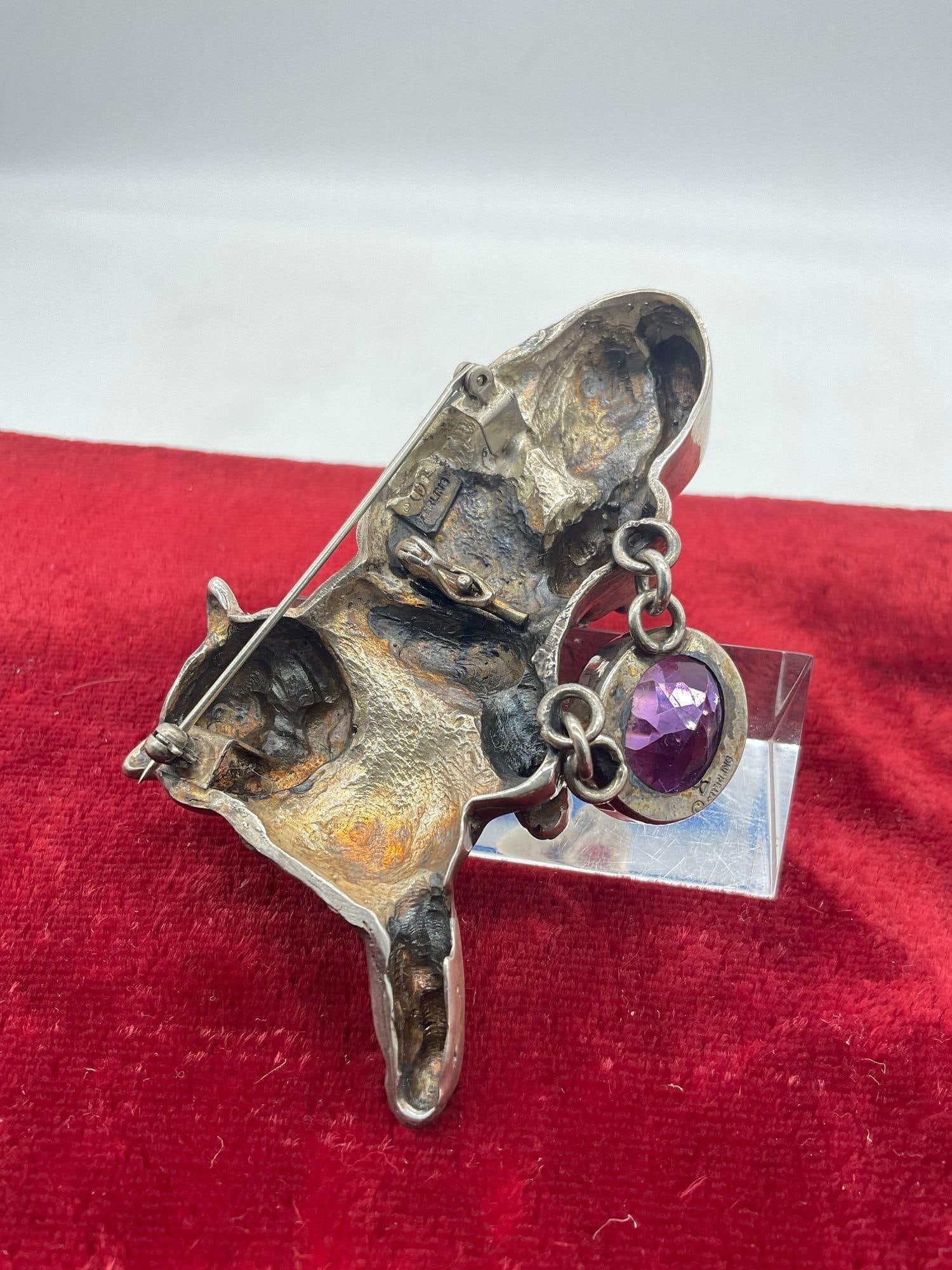 Vintage and heavy sterling silver Carol Felley 1989 Cat brooch pin with amethyst tone setting - 3
