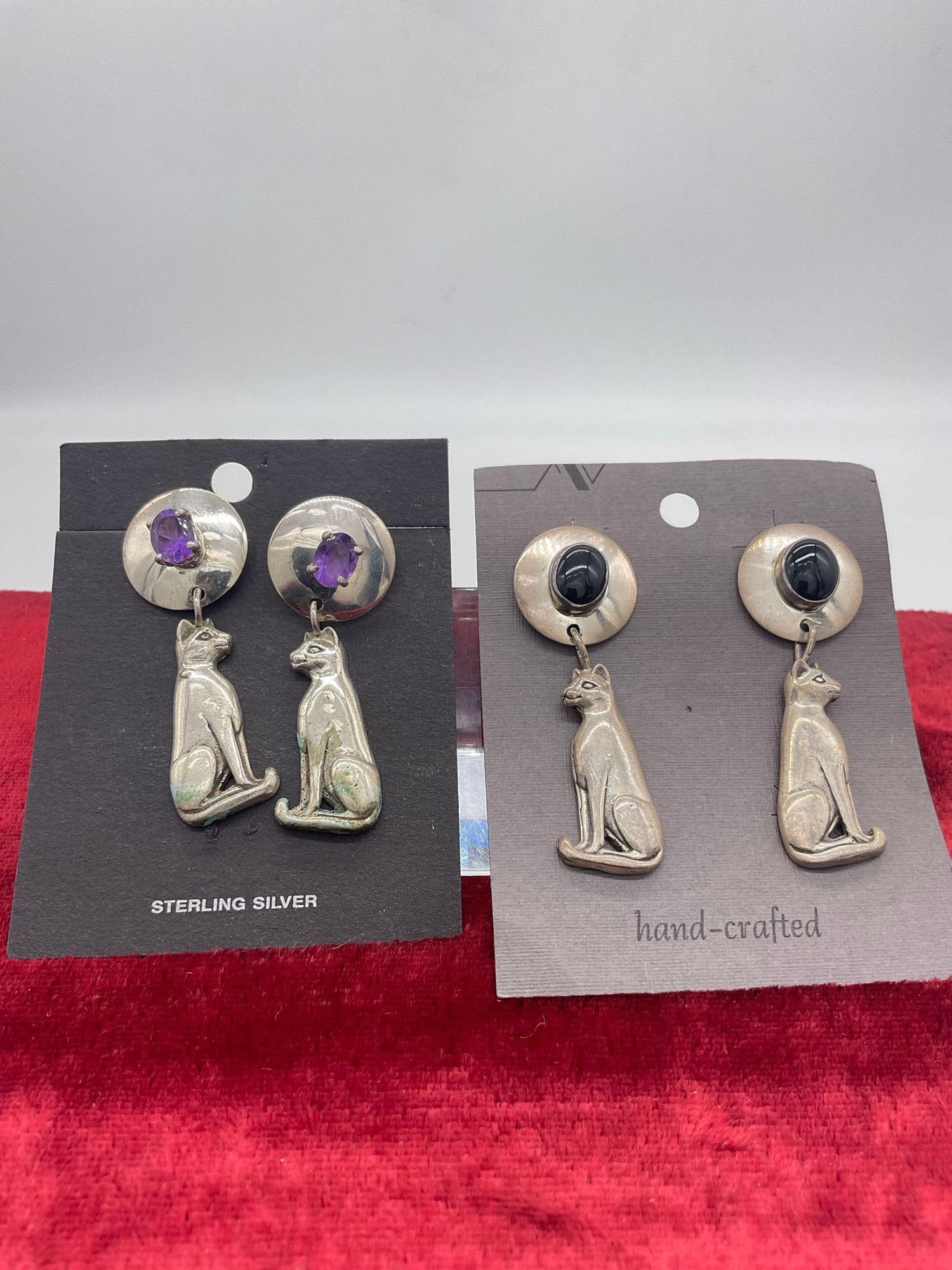 2x Pair of sterling silver Carol Felley Lioness / big cat earrings with onyx & amethyst stones (1 of 4)