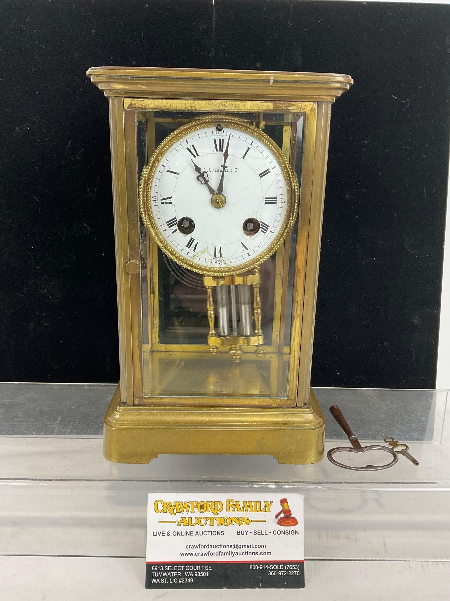 Vintage J.E. Caldwell & Co Philadelphia Time Strike & Chime Mantel Clock, 10h x 6w x 6d inches: Appears to be in good shape. The piece measures approx 10h x 6w x 6d inches. See pics. E-4800