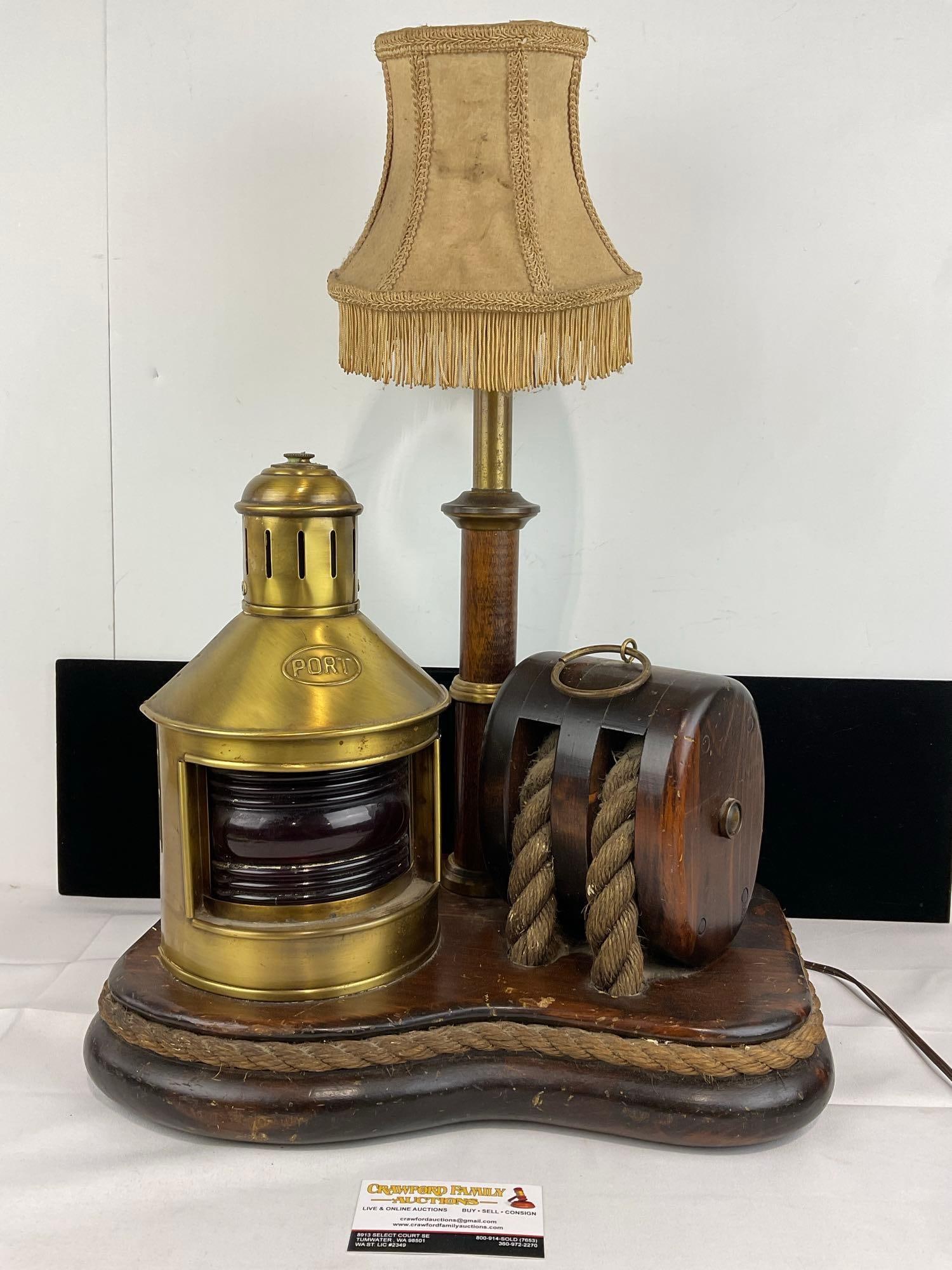 Nautical Themed Table Lamp, w/Perkins Marine Lamp, Port Brass, & Pulley Block w/Rope, tested & wo...: Appears to be in good shape. The piece measures approx 21h x 17w x 12d inches. See pics. E-5940