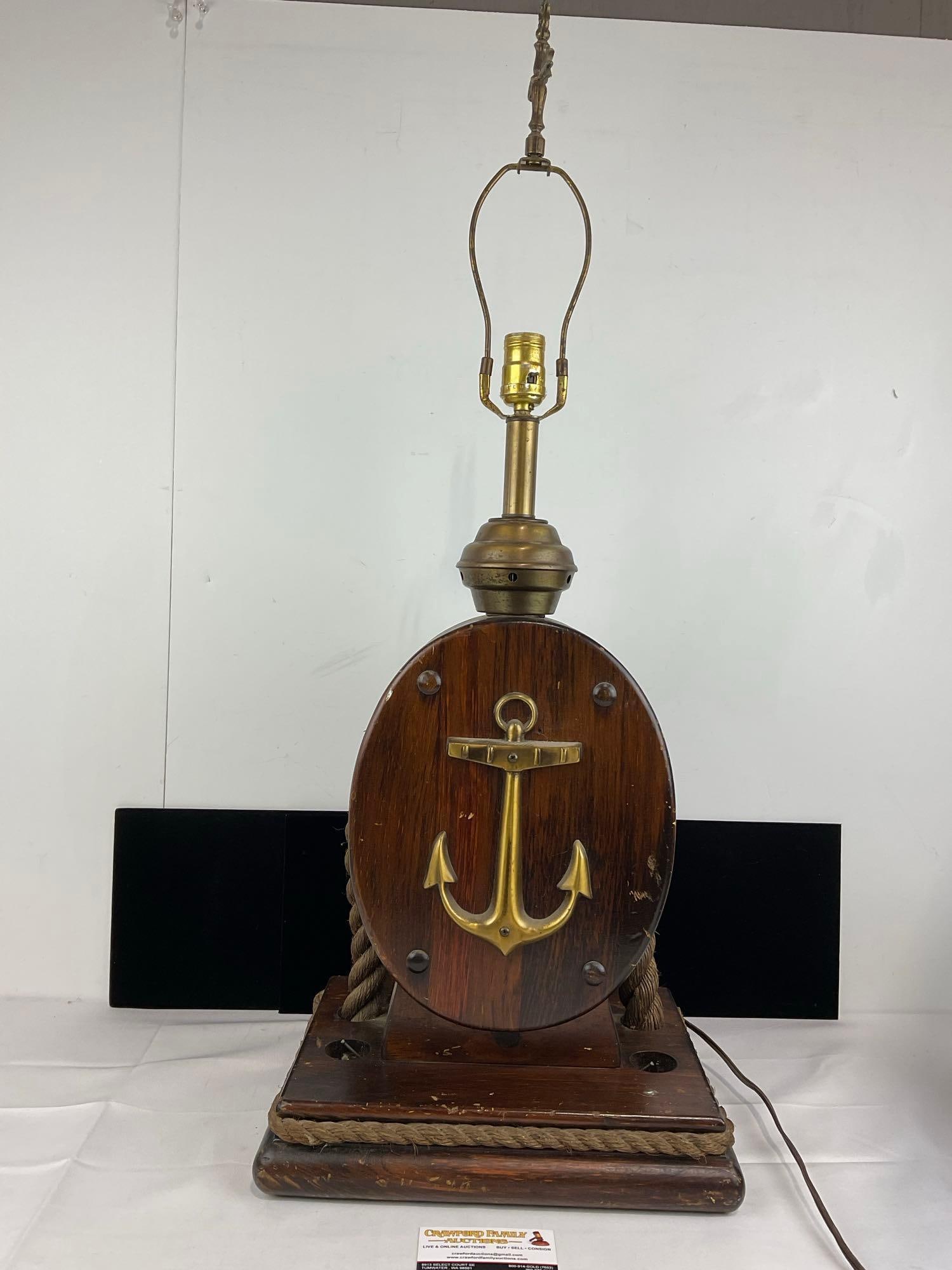 Vintage Nautical Block & Tackle Anchor Emblem Table Lamp, untested, 35h x 14w x 11d: Appears to be in good shape. The piece measures approx 35h x 14w x 11d inches. See pics. E-5940