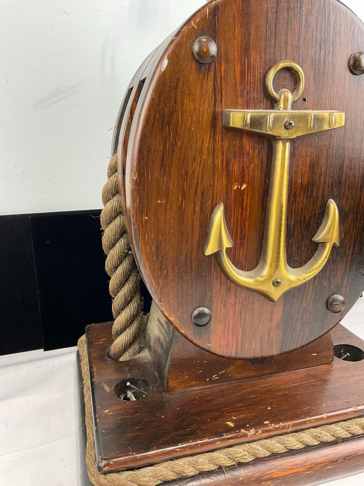 Vintage Nautical Block & Tackle Anchor Emblem Table Lamp, untested, 35h x 14w x 11d - 3