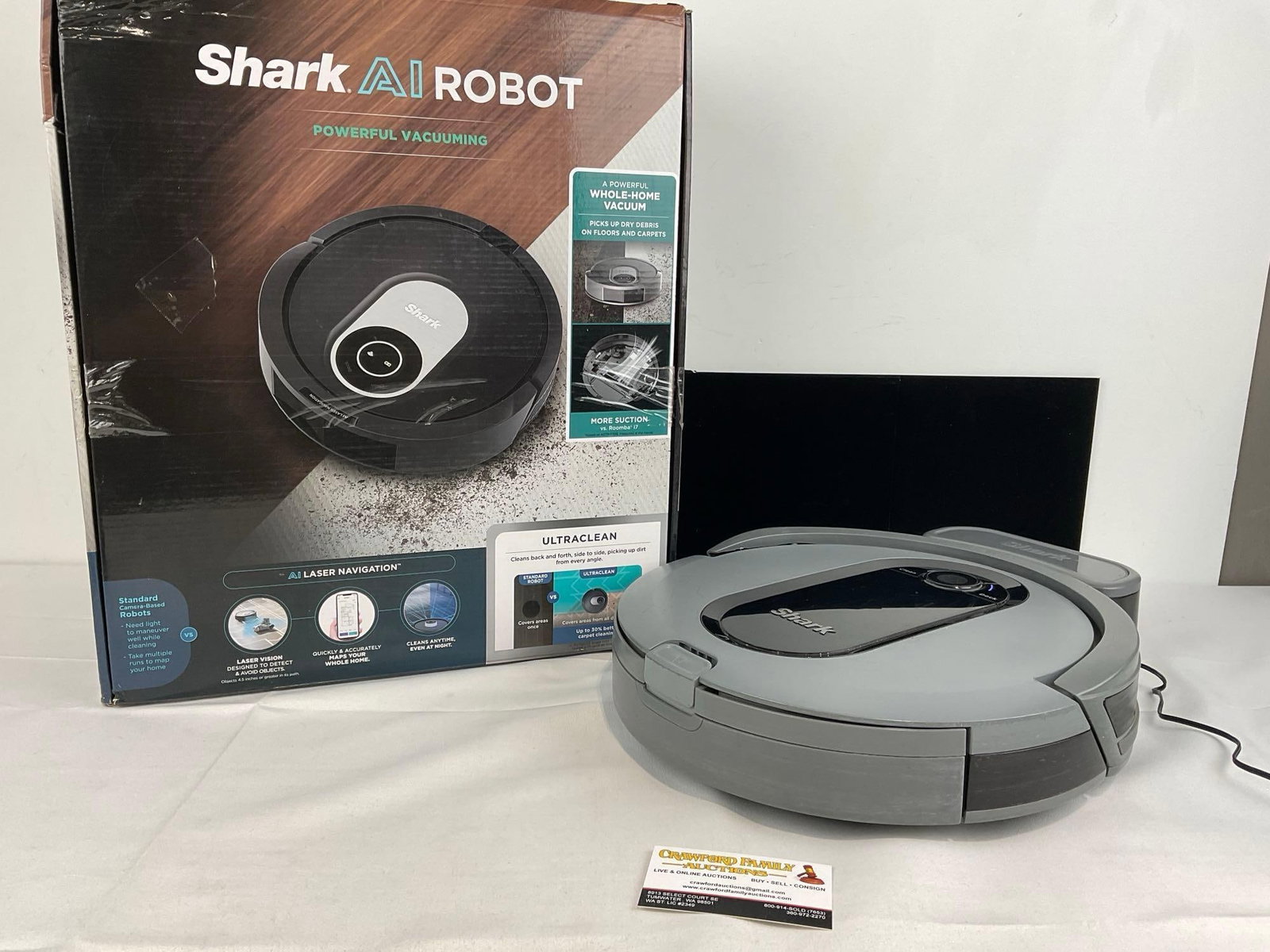 Shark Robotic Vacuum Cleaner, Model AV970GVRUS in box, w/charger, tested & working: Appears to be in good shape. The piece measures approx 19h x 18w x 8d inches. See pics. E-6000
