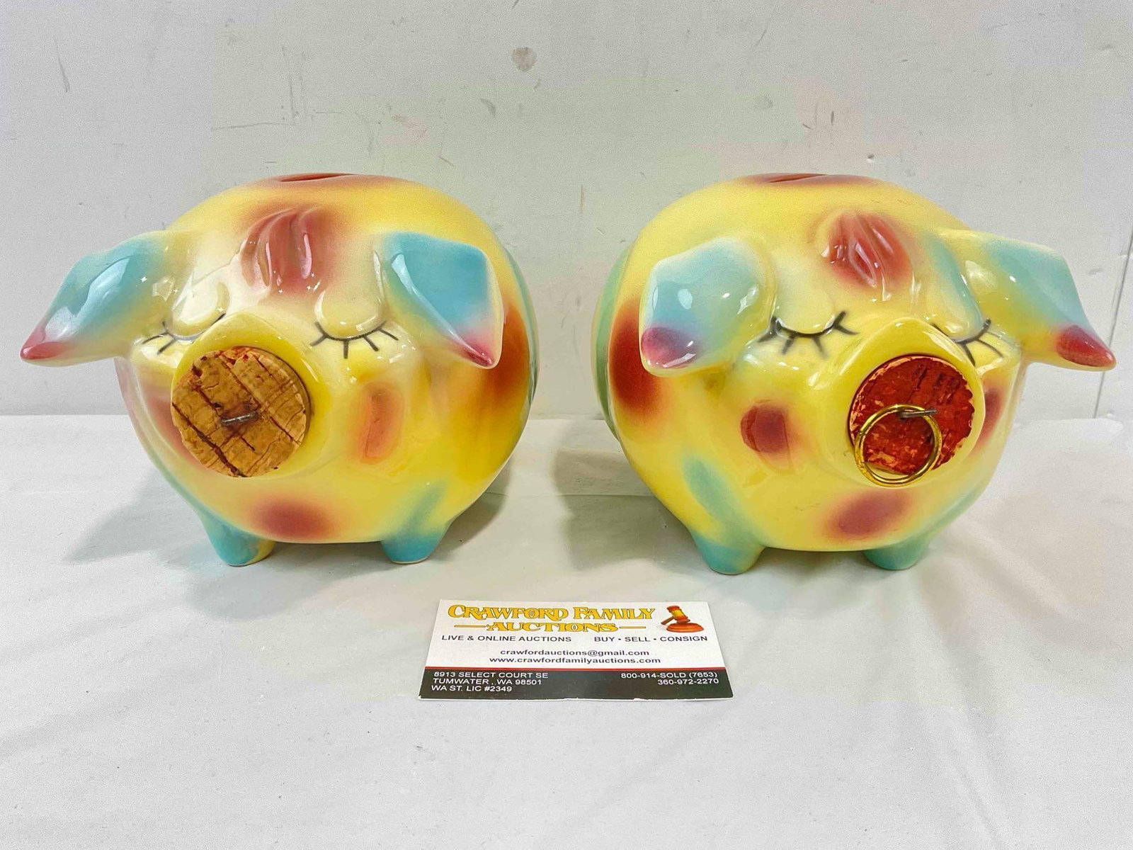 2 pcs Vintage Hull Corky Pig Ceramic Piggy Banks in Yellow/Blue/Pink Color w/ Corks. See pics. (1 of 8)