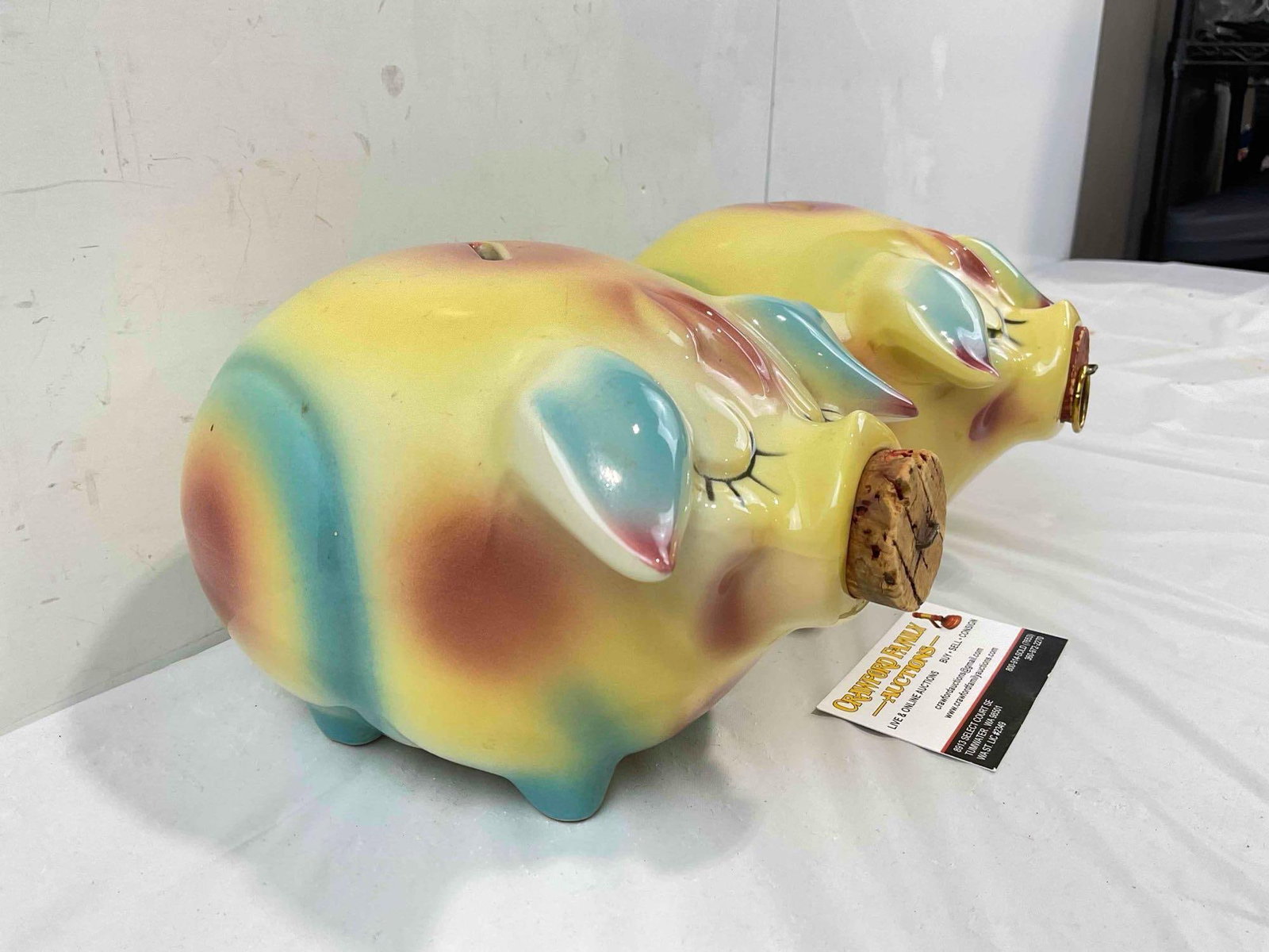 2 pcs Vintage Hull Corky Pig Ceramic Piggy Banks in Yellow/Blue/Pink Color w/ Corks. See pics. - 2