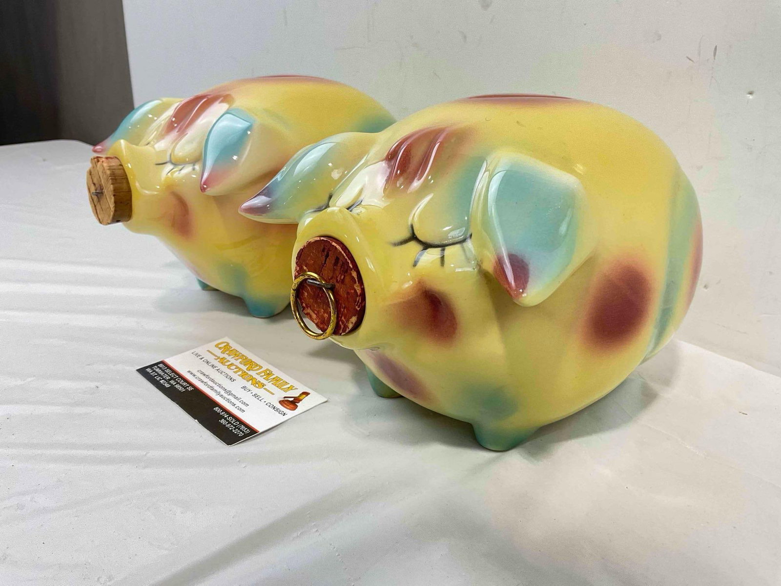 2 pcs Vintage Hull Corky Pig Ceramic Piggy Banks in Yellow/Blue/Pink Color w/ Corks. See pics. - 3