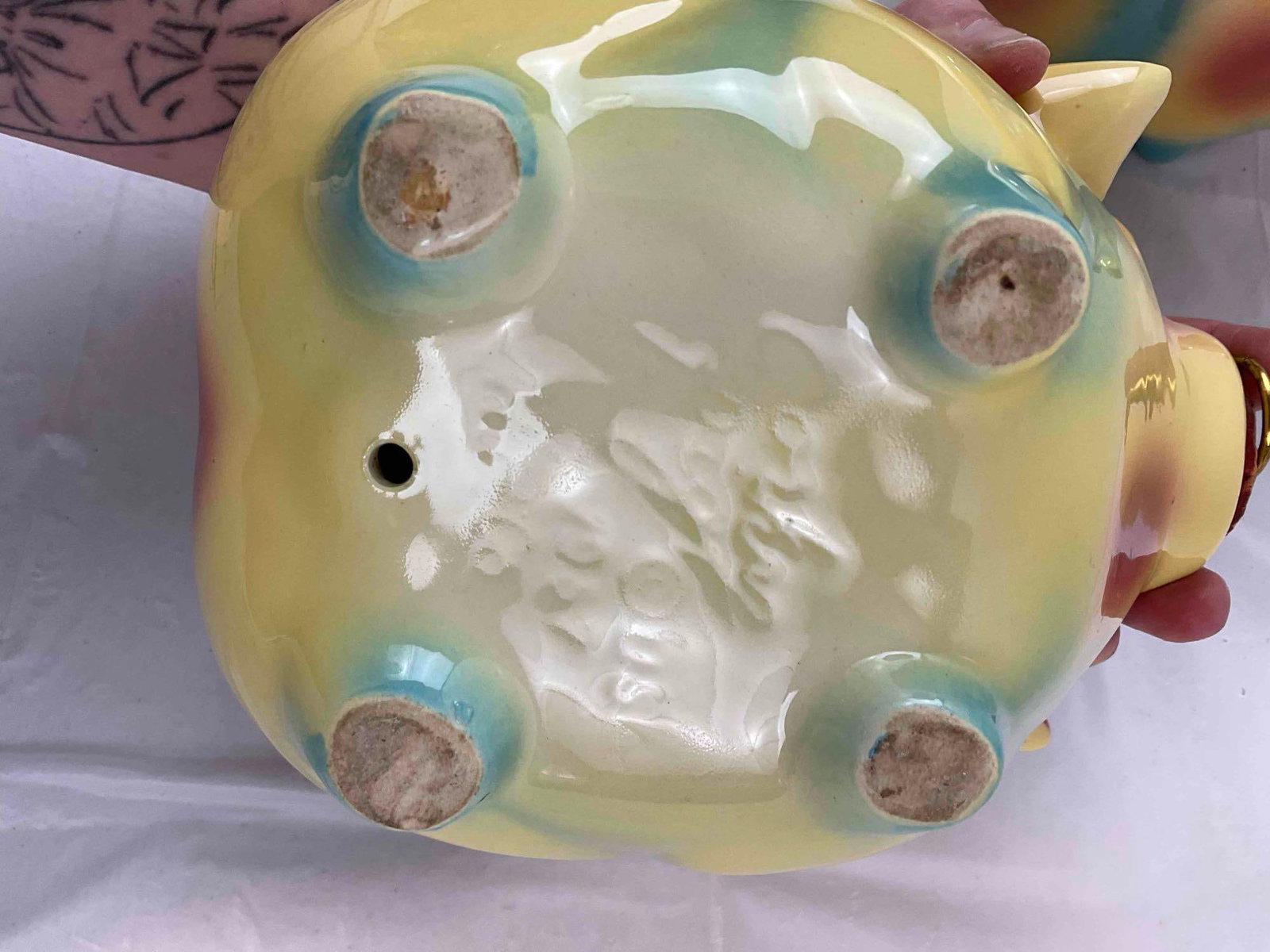 2 pcs Vintage Hull Corky Pig Ceramic Piggy Banks in Yellow/Blue/Pink Color w/ Corks. See pics. - 8