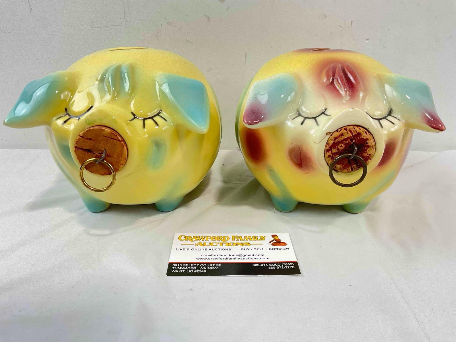 2 pcs Vintage Hull Corky Pig Ceramic Piggy Banks w/ Corks in 2 Color Ways. Fair Condition. (1 of 8)
