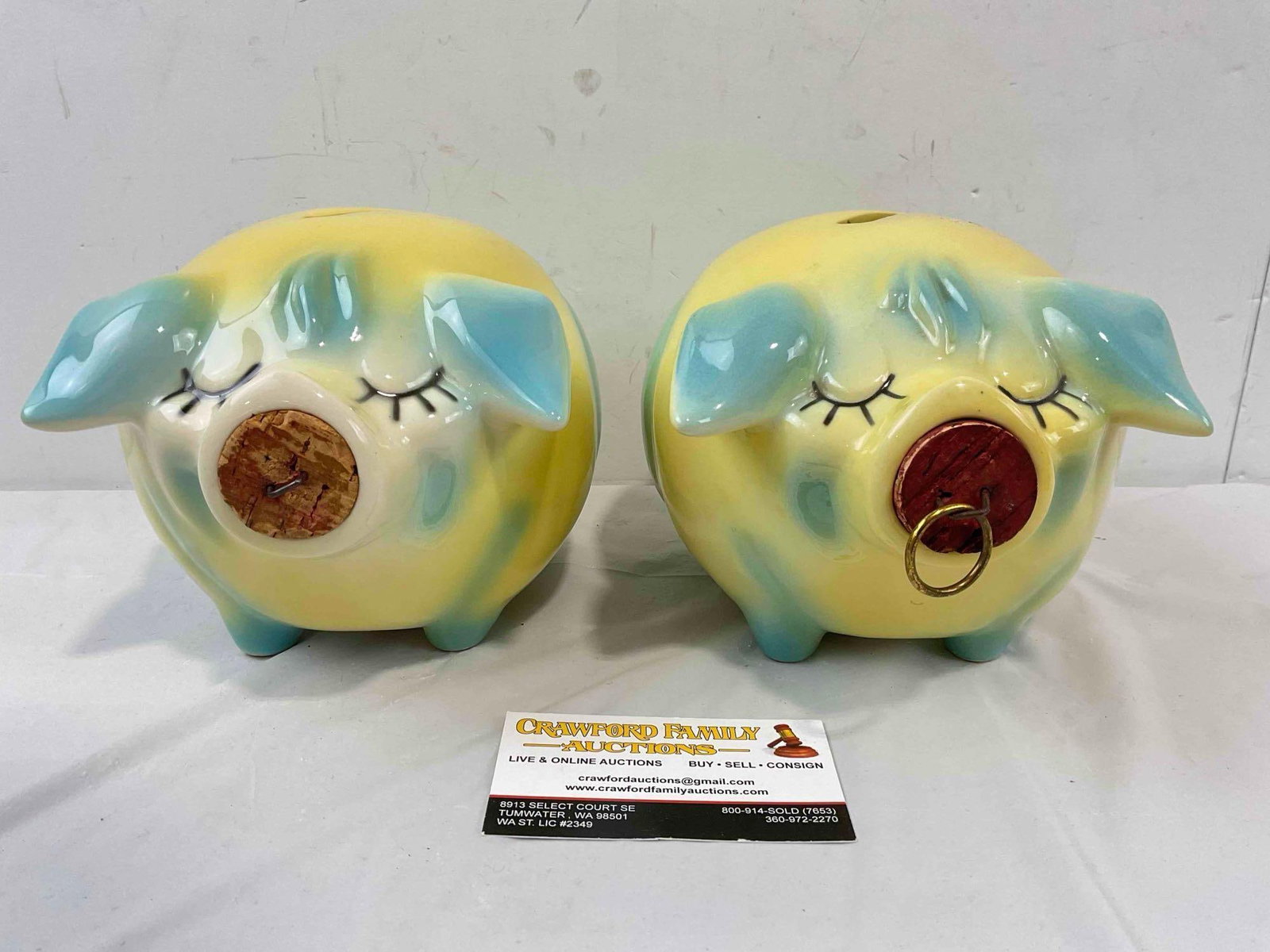 2 pcs Vintage Hull Corky Pig Ceramic Piggy Banks in Yellow & Blue Color w/ Corks. See pics.: 2 pcs Vintage Hull Corky Pig Ceramic Piggy Banks in Yellow & Blue Color w/ Corks. One is missing loop to cork, both have minor adhesive residue, otherwise look to be in good condition. Fit in a