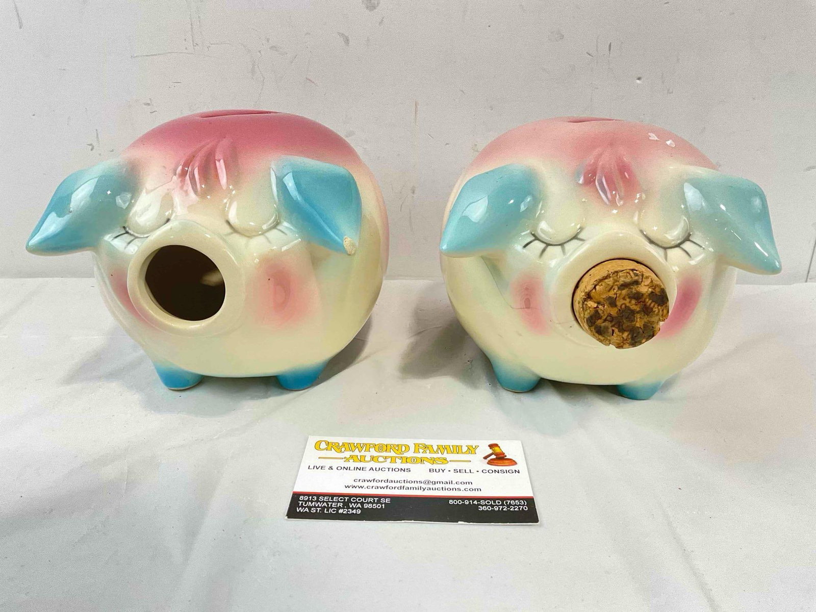 2 pcs Vintage Hull Corky Pig Ceramic Piggy Banks in White/Pink/Blue Color Way. See pics.: 2 pcs Vintage Hull Corky Pig Ceramic Piggy Banks in White/Pink/Blue Color Way. One's cork has cork, does not look original?, the other has no cork and has a chip on one ear, otherwise look to be in