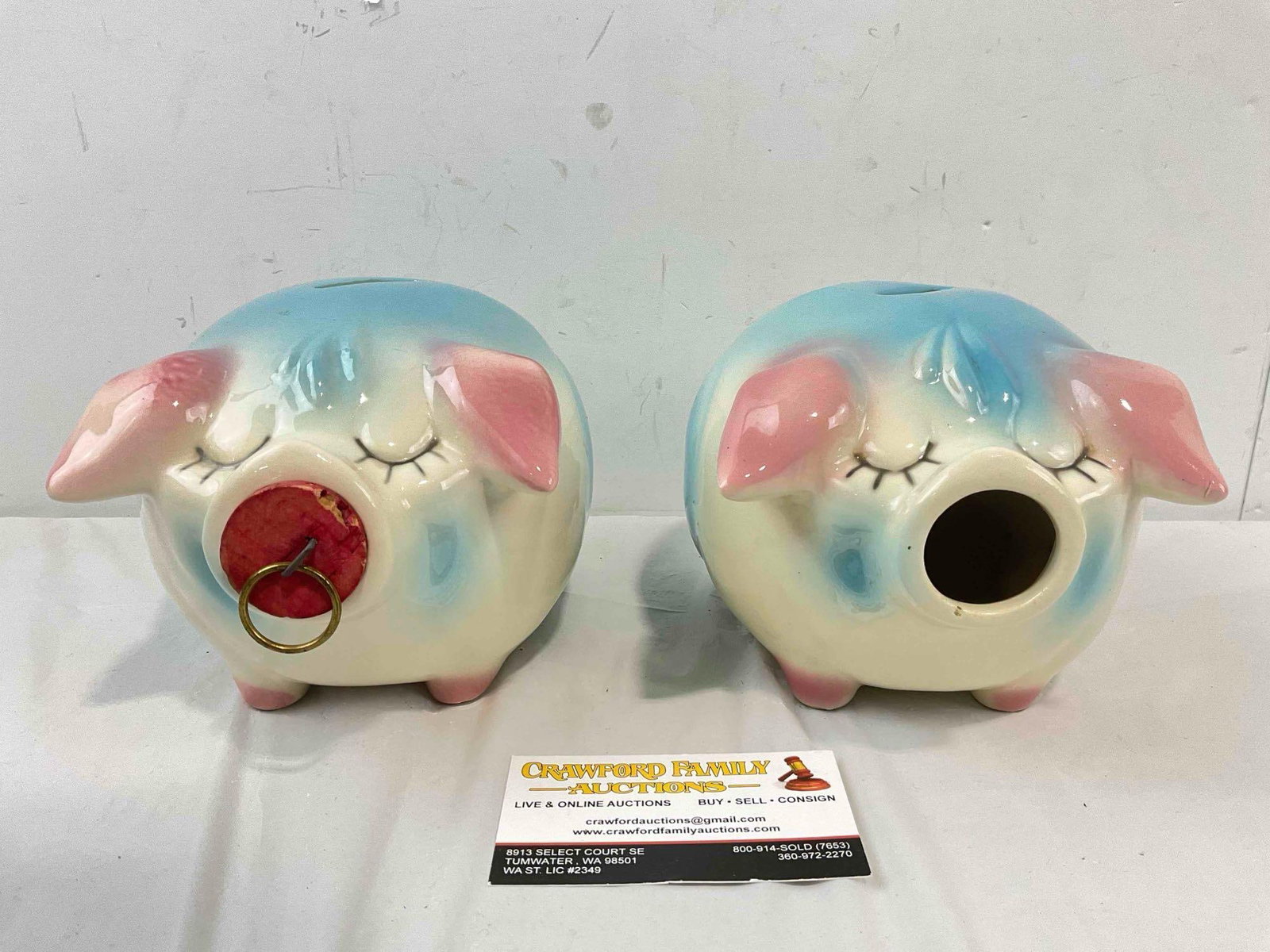 2 pcs Vintage Hull Corky Pig Ceramic Piggy Banks in White/Pink/Blue Color Way. See pics.: 2 pcs Vintage Hull Corky Pig Ceramic Piggy Banks in White/Pink/Blue Color Way. One has cork, one does not, the one without cork has tiny chip on nose and reverse, otherwise look to be in good