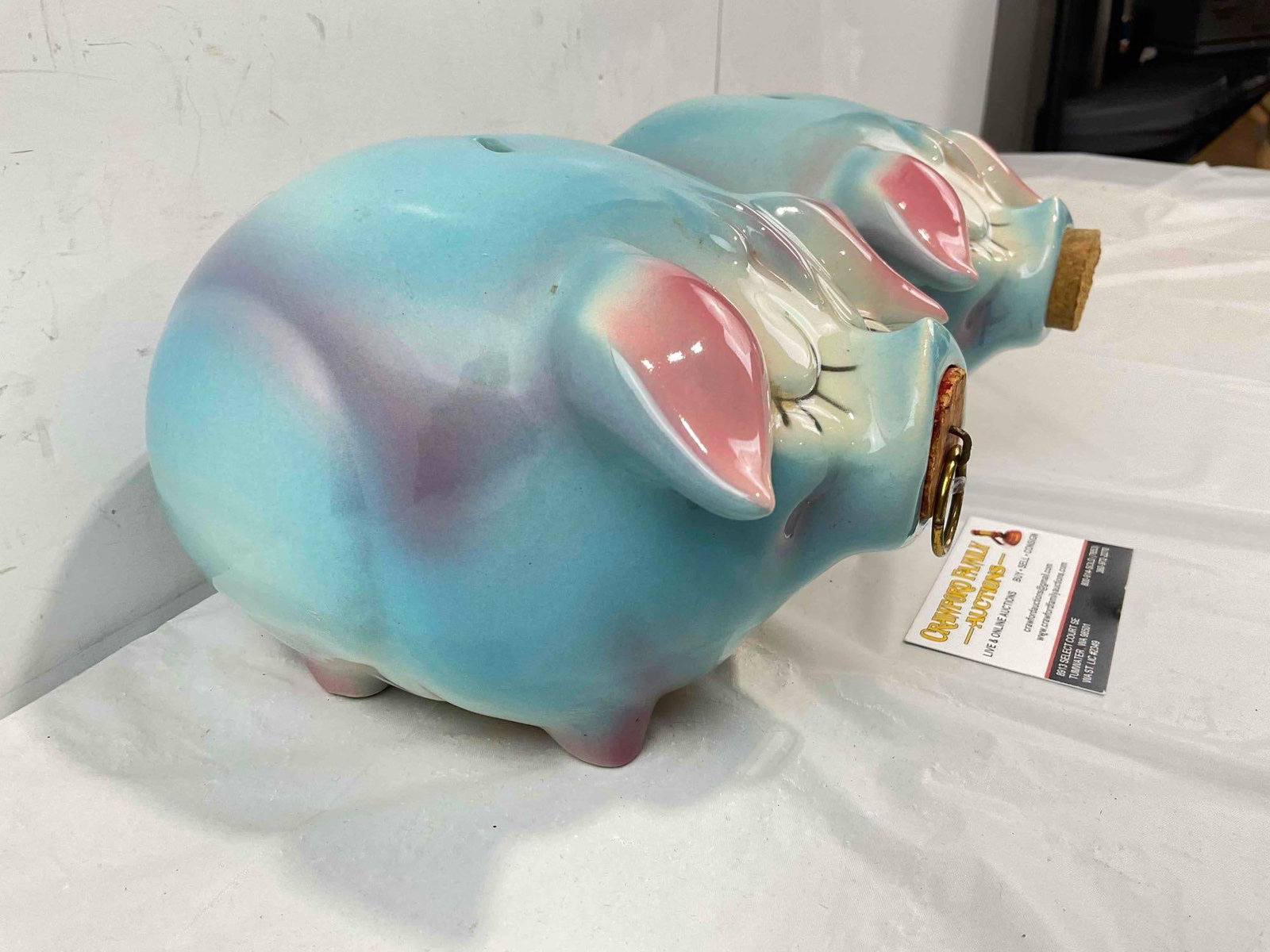 2 pcs Vintage Hull Corky Pig Ceramic Piggy Banks w/ Corks in Blue/White/Pink Color Way. See pics. - 2