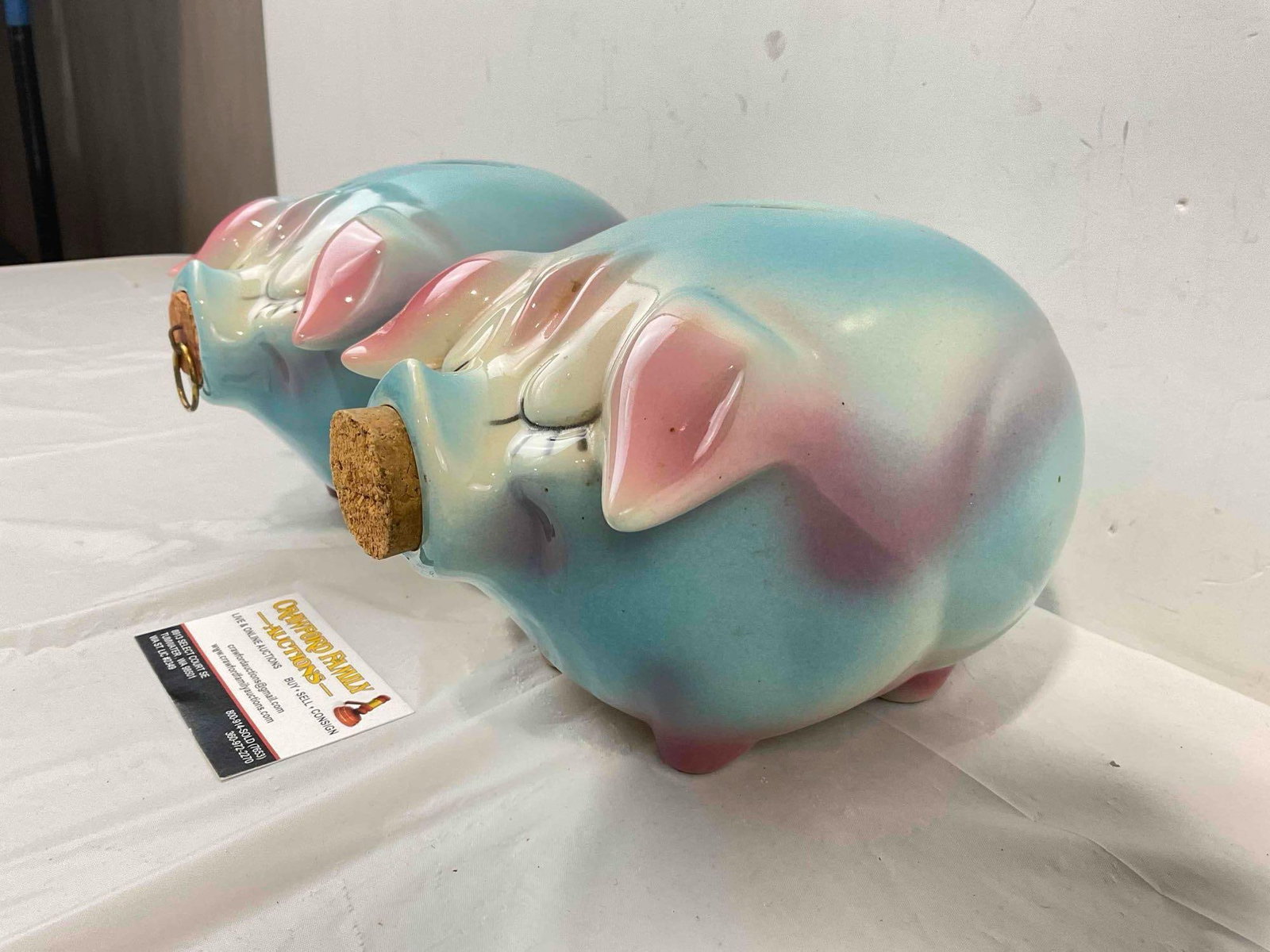 2 pcs Vintage Hull Corky Pig Ceramic Piggy Banks w/ Corks in Blue/White/Pink Color Way. See pics. - 3