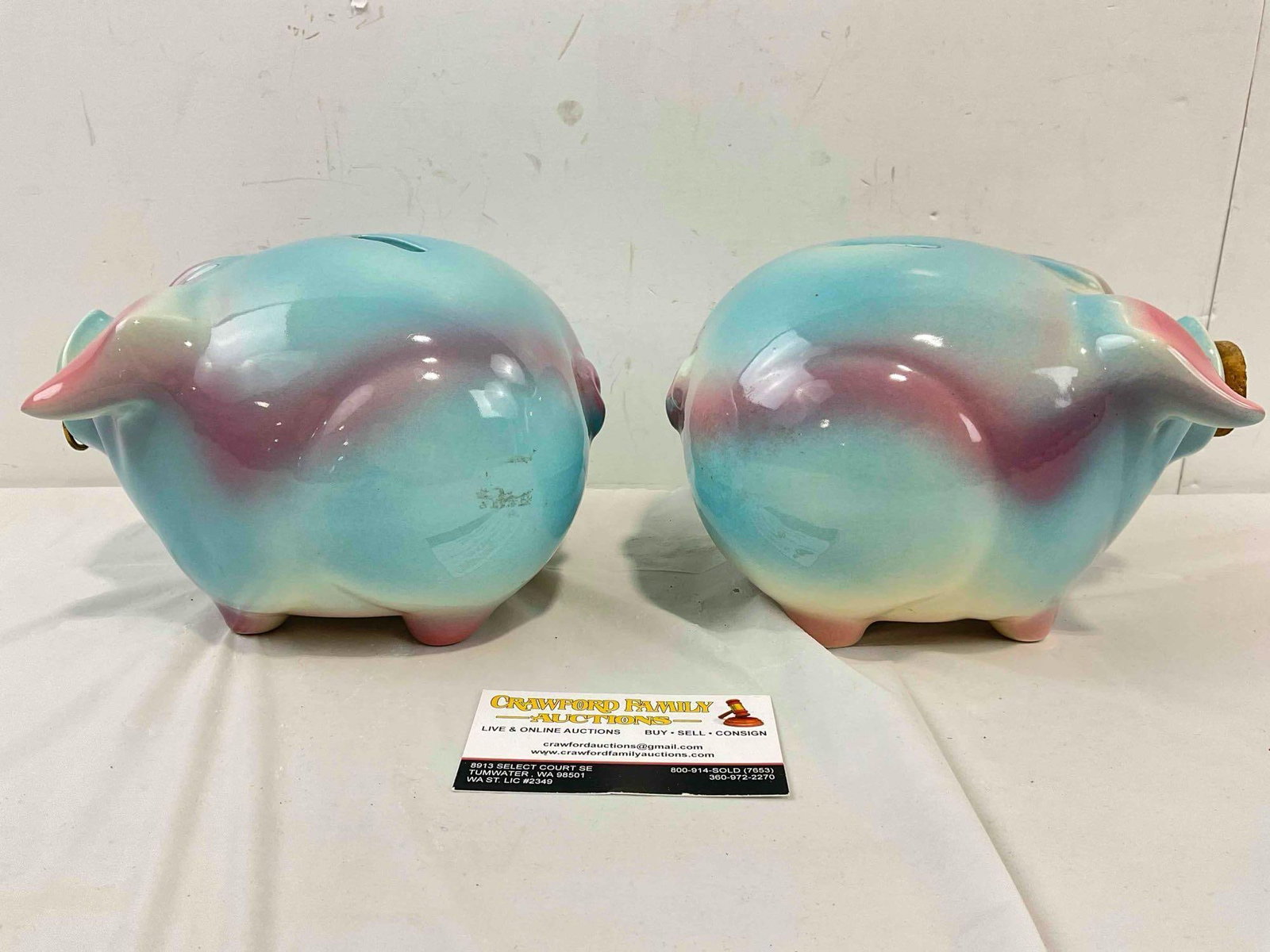 2 pcs Vintage Hull Corky Pig Ceramic Piggy Banks w/ Corks in Blue/White/Pink Color Way. See pics. - 4