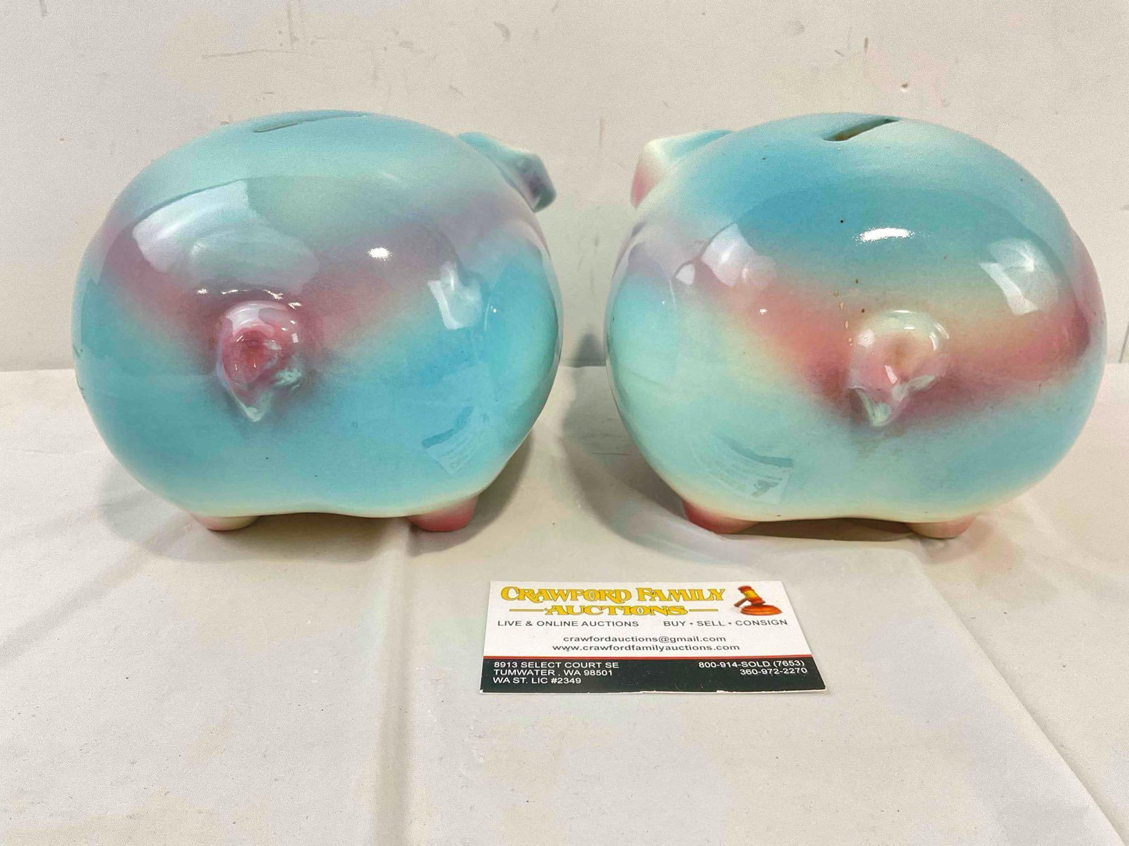 2 pcs Vintage Hull Corky Pig Ceramic Piggy Banks w/ Corks in Blue/White/Pink Color Way. See pics. - 5