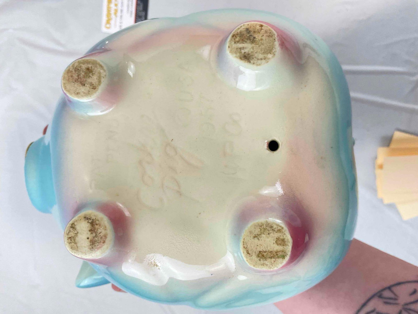 2 pcs Vintage Hull Corky Pig Ceramic Piggy Banks w/ Corks in Blue/White/Pink Color Way. See pics. - 6