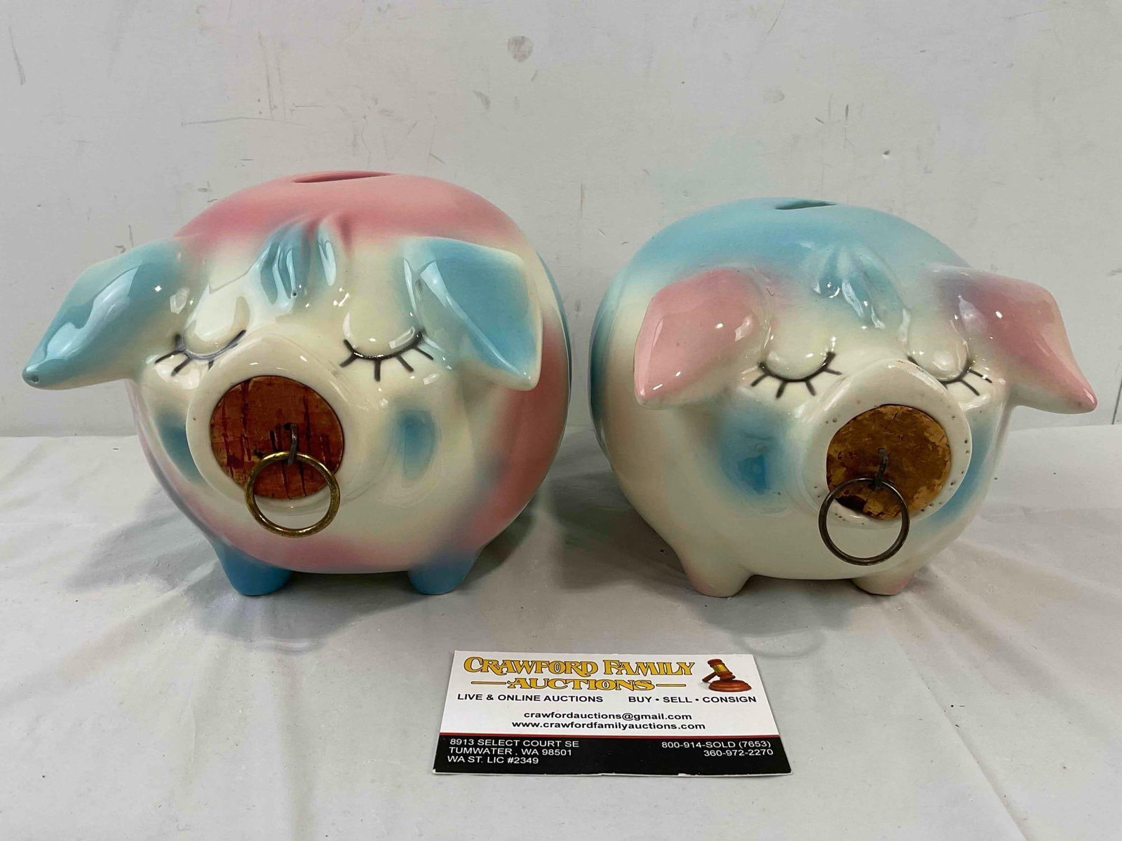 2 pcs Vintage Hull Corky Pig Ceramic Piggy Banks in 2 Color Ways w/ Corks. Good Condition. (1 of 8)