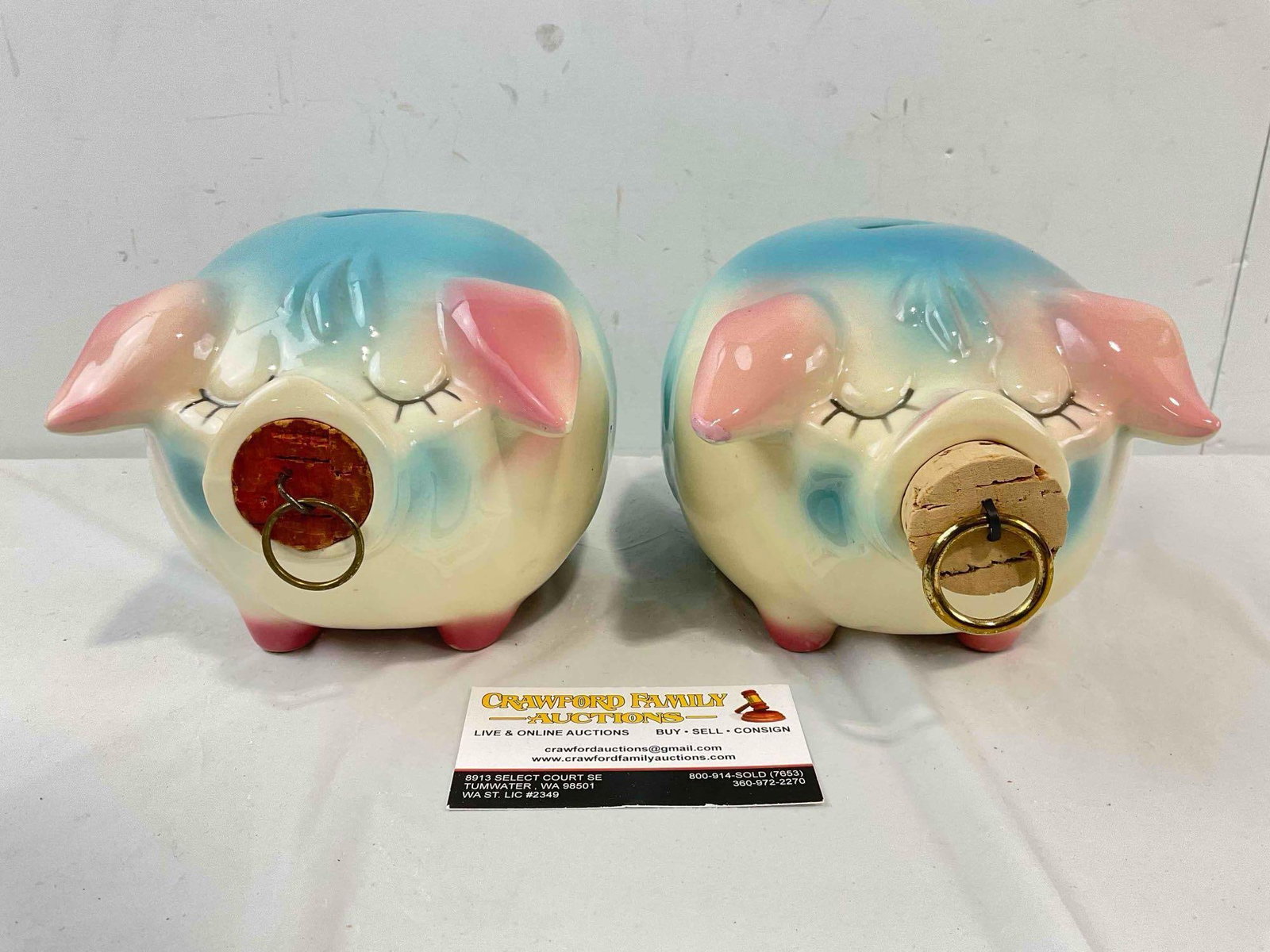 2 pcs Vintage Hull Corky Pig Ceramic Piggy Banks w/ Corks in Blue/White/Pink Color Way. See pics.: 2 pcs Vintage Hull Corky Pig Ceramic Piggy Banks w/ Corks in Blue/White/Pink Color Way. One pig's ear tip has been repaired, same pig's cork does not look original?m otherwise look to be in good