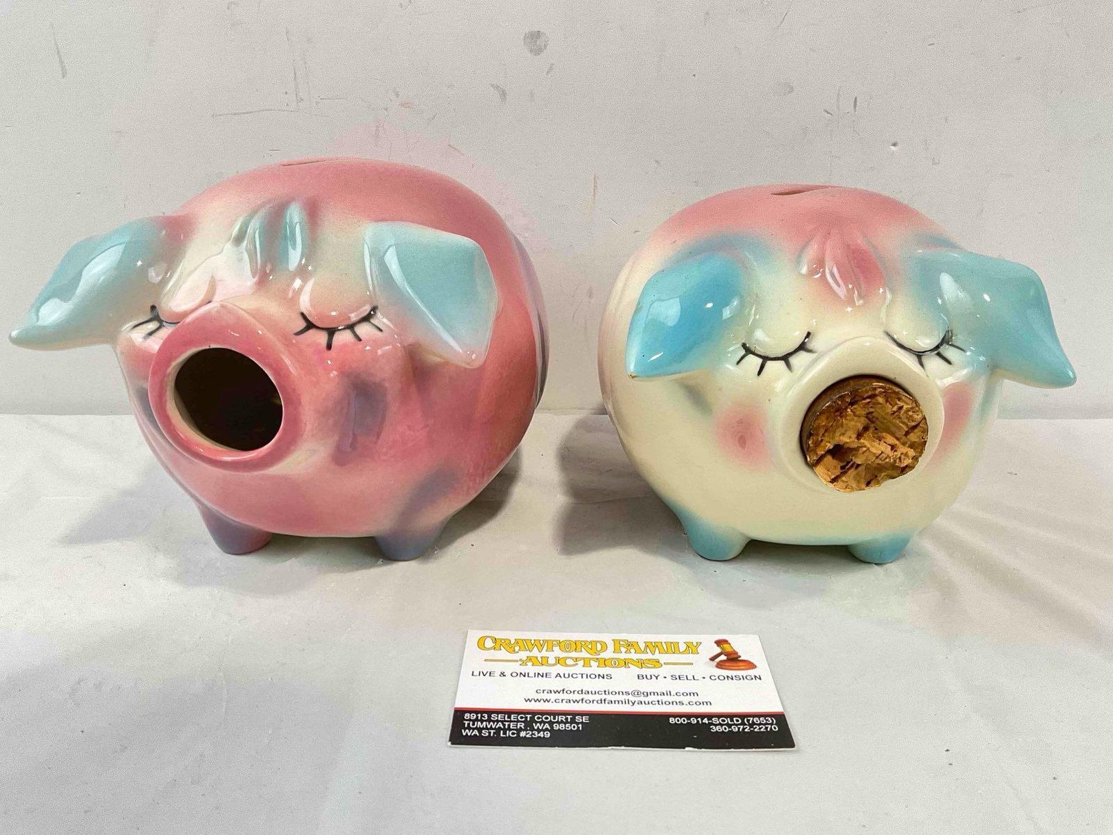 2 pcs Vintage Hull Corky Pig Ceramic Piggy Banks in Pink/White/Blue Color Way. See pics.: 2 pcs Vintage Hull Corky Pig Ceramic Piggy Banks in Pink/White/Blue Color Way. One has partial cork, one has no cork. One with partial cork has a tiny chip on ear, otherwise looks to be in fair