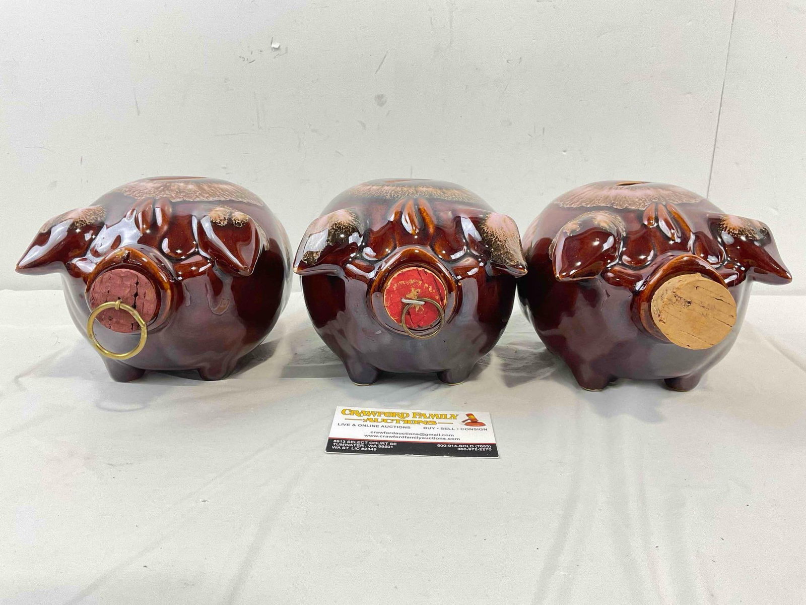 3 pcs Vintage Hull Corky Pig Ceramic Piggy Banks w/ Corks in Brown & Pink Color Way. See pics.: 3 pcs Vintage Hull Corky Pig Ceramic Piggy Banks w/ Corks in Brown & Pink Color Way. Each look to have a chipped ear, one's cork looks to be a replacement, otherwise look to be in good condition.