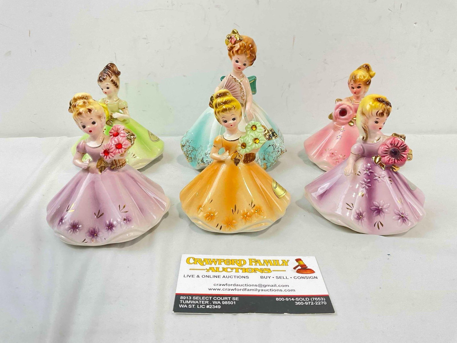 6 pcs Vintage Josef Originals Ceramic Lady Figurines, incl. Birthstones for Jan, August & More! (1 of 6)
