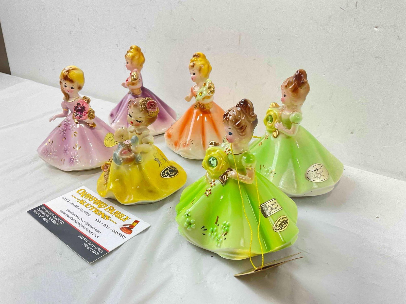 6 pcs Vintage Josef Originals Ceramic Lady Figurines, incl. Birthstones for Feb., August & More! - 2
