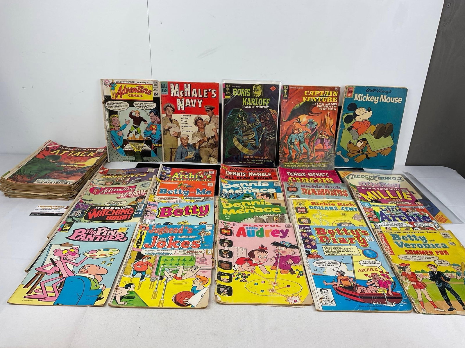 37 Comics, including Boris Karloff Tales of Mystery, lots of Archie Comics, Dennis the Menace & m...: Appears to be in good shape. The piece measures approx 11h x 9w x 6d inches. See pics. E-5940