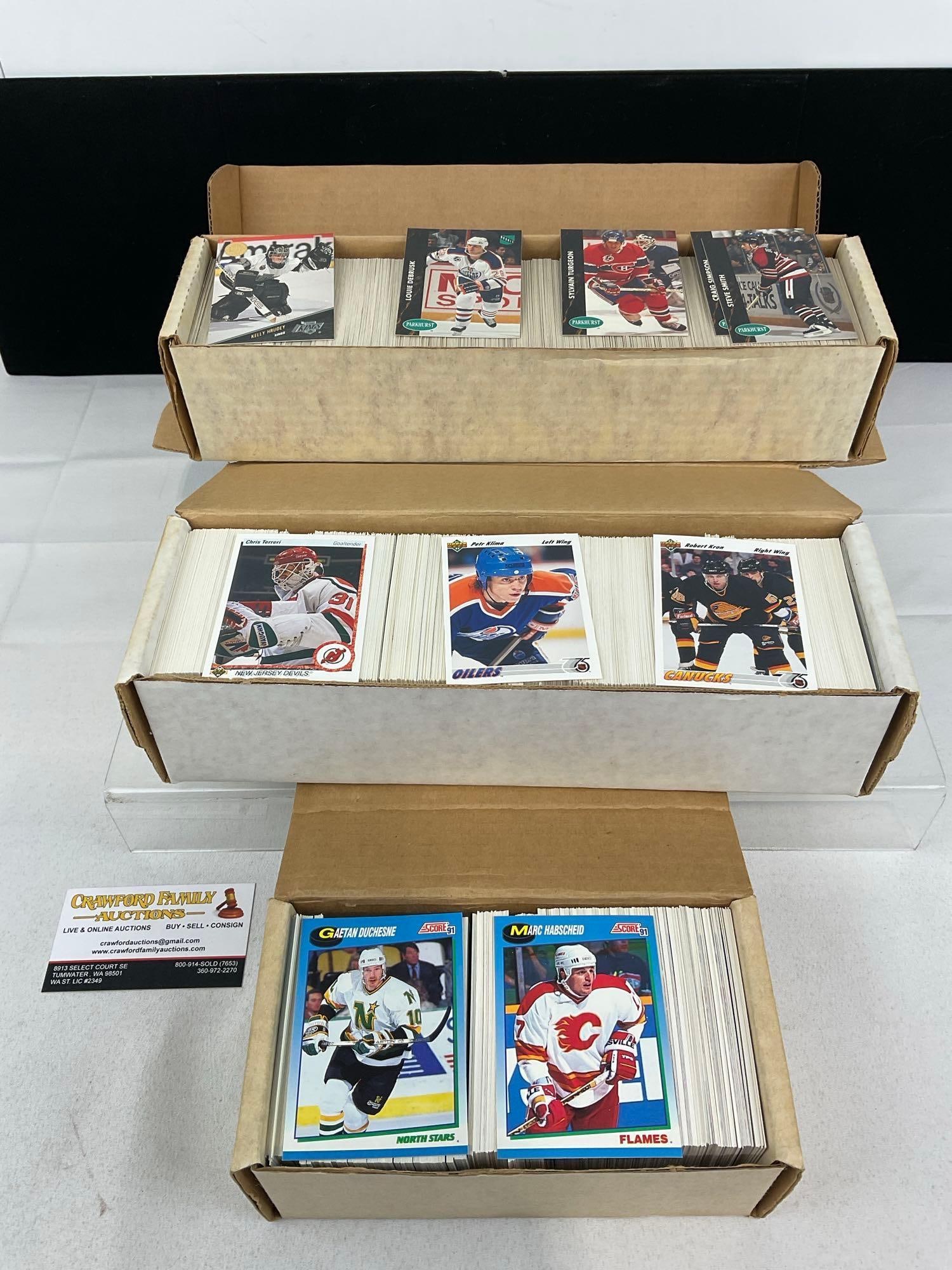 3 Boxes of Hockey Cards, Score 91, Upper Deck, approx 2750+ cards: Appears to be in good shape. The piece measures approx 10h x 15w x 5d inches. See pics. E-5940