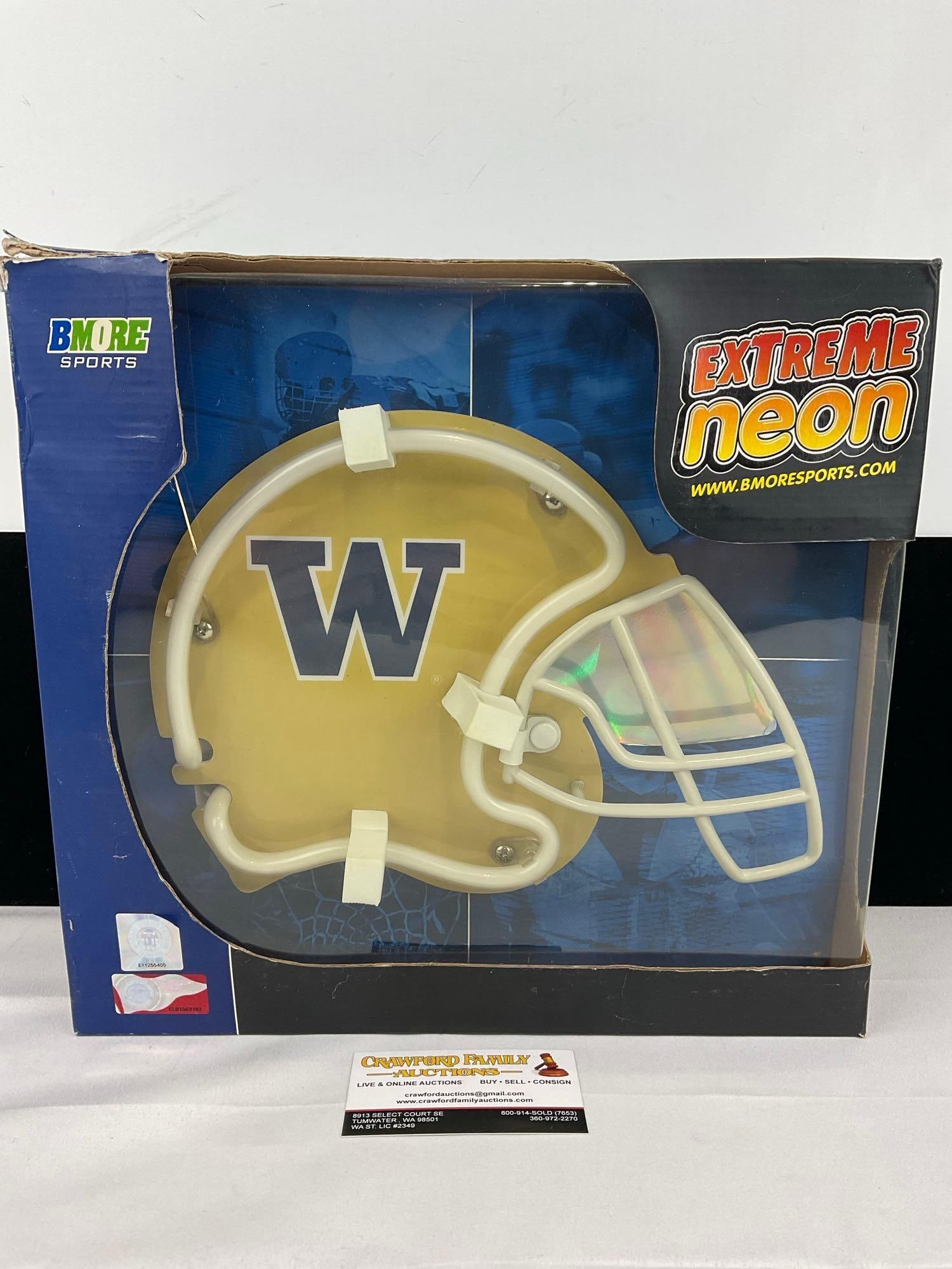 Extreme Neon Bmore Sports, UW Huskies Football Helmet Sign, unopened, in original box: Appears to be in good shape. The piece measures approx 13h x 14w x 5d inches. See pics. E-5940