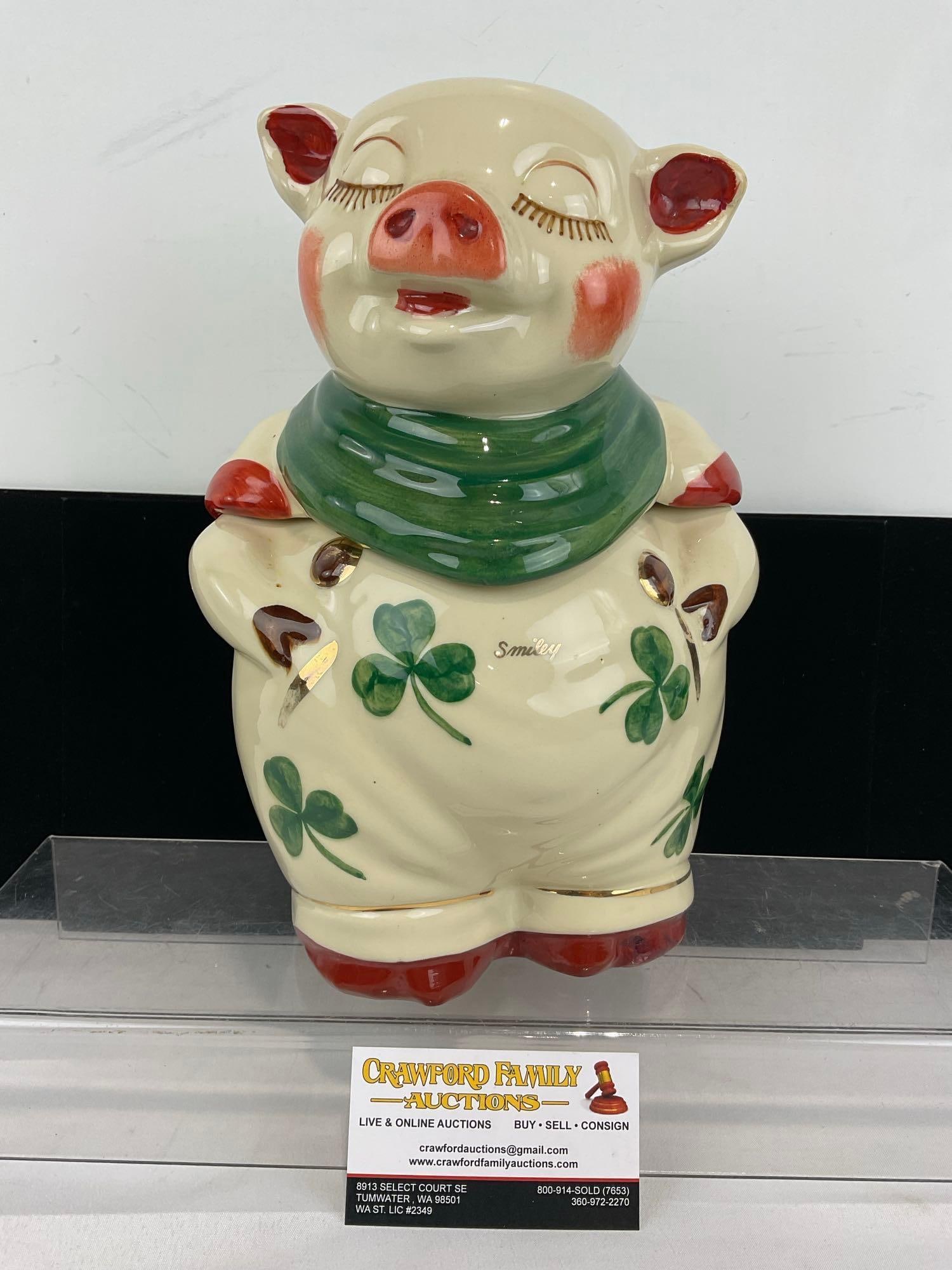 Vintage 1940s Shawnee Smiley Pig Cookie Jar, Handpainted Shamrocks, 13h x 9w x 7d inches (1 of 4)