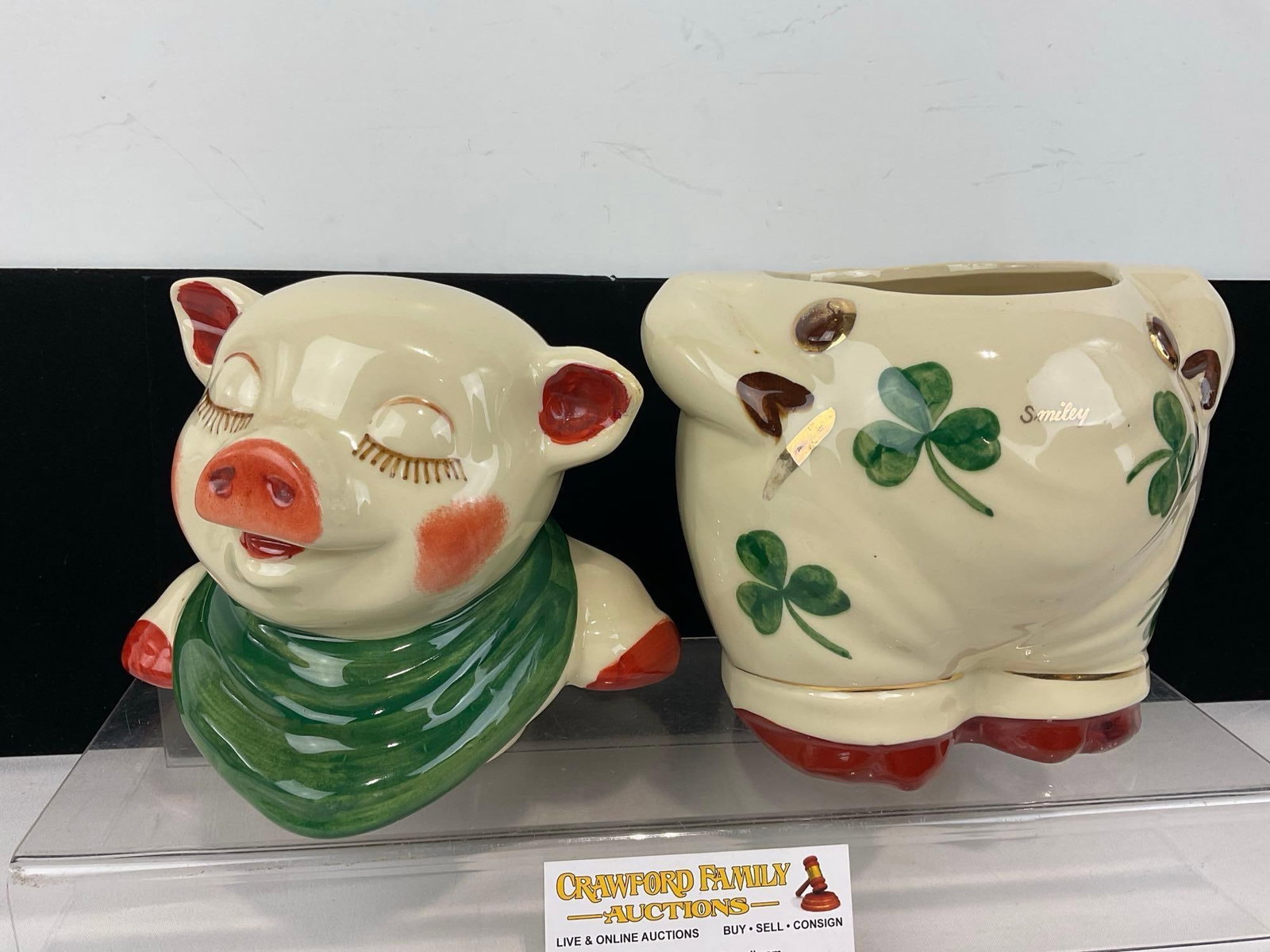 Vintage 1940s Shawnee Smiley Pig Cookie Jar, Handpainted Shamrocks, 13h x 9w x 7d inches - 2