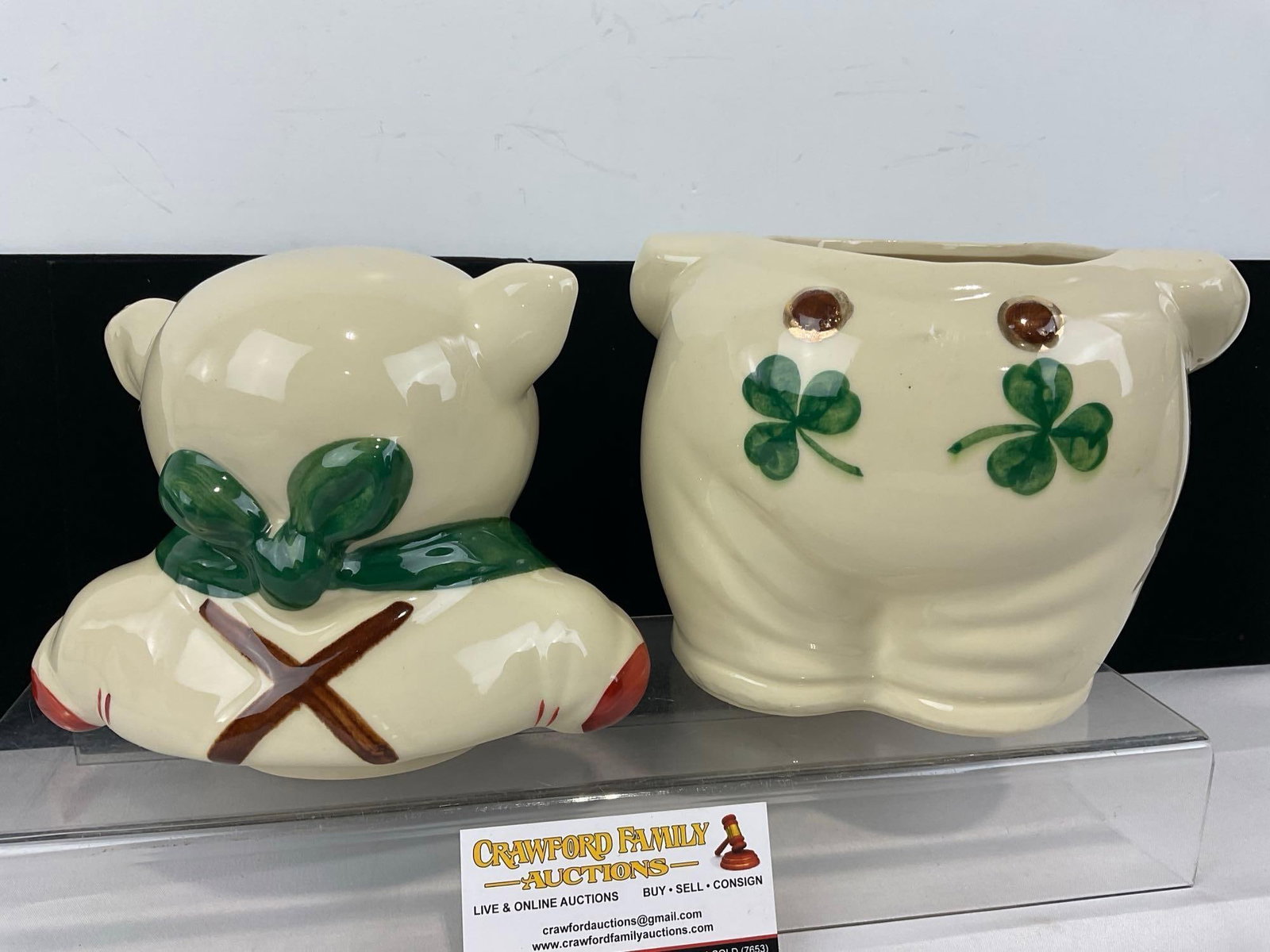 Vintage 1940s Shawnee Smiley Pig Cookie Jar, Handpainted Shamrocks, 13h x 9w x 7d inches - 3