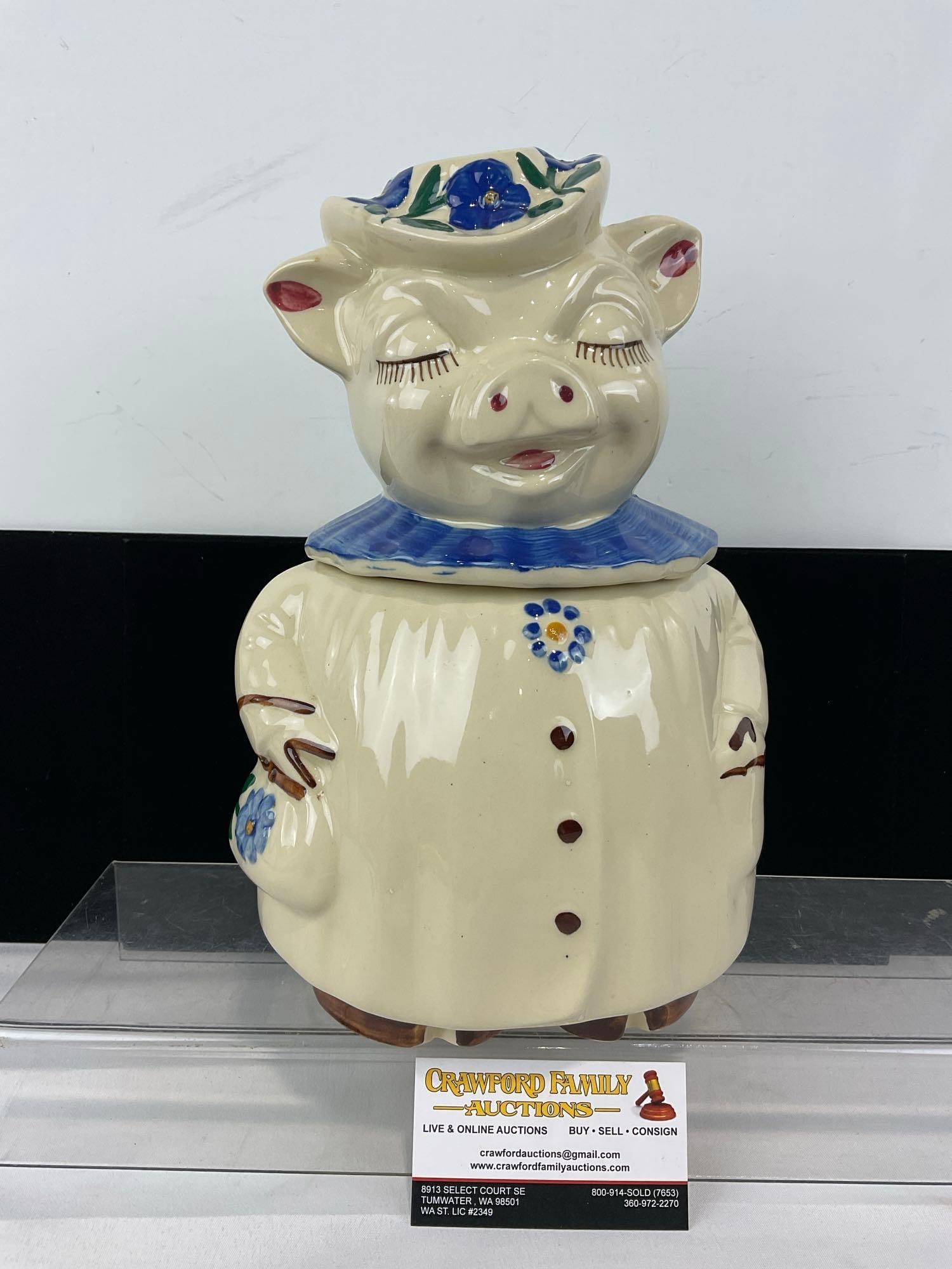 Vintage 1940s Shawnee Pottery Winnie the Pig cookie jar, handpainted blue floral designs (1 of 4)