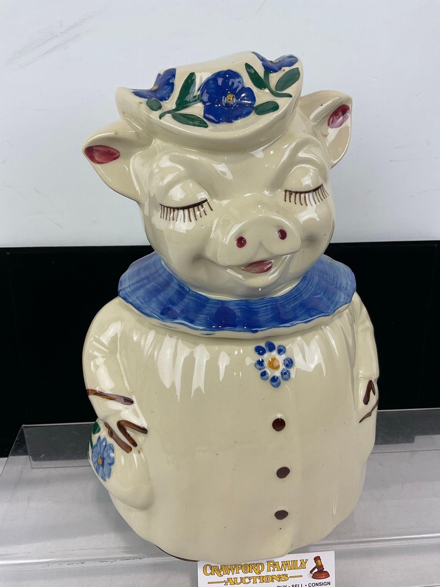 Vintage 1940s Shawnee Pottery Winnie the Pig cookie jar, handpainted blue floral designs - 2