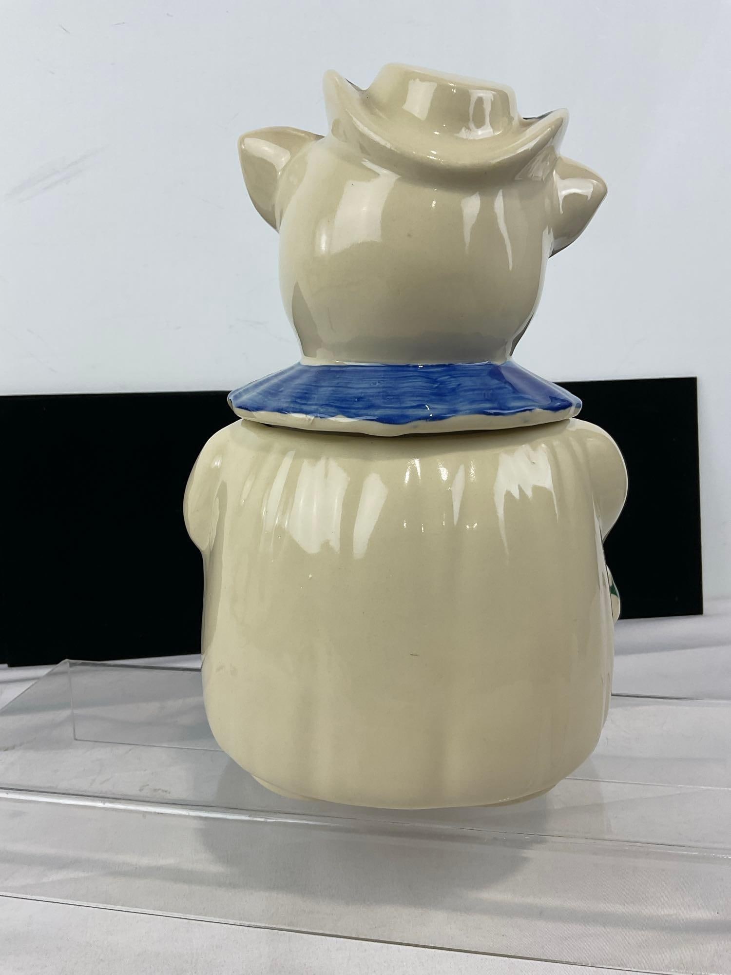Vintage 1940s Shawnee Pottery Winnie the Pig cookie jar, handpainted blue floral designs - 3