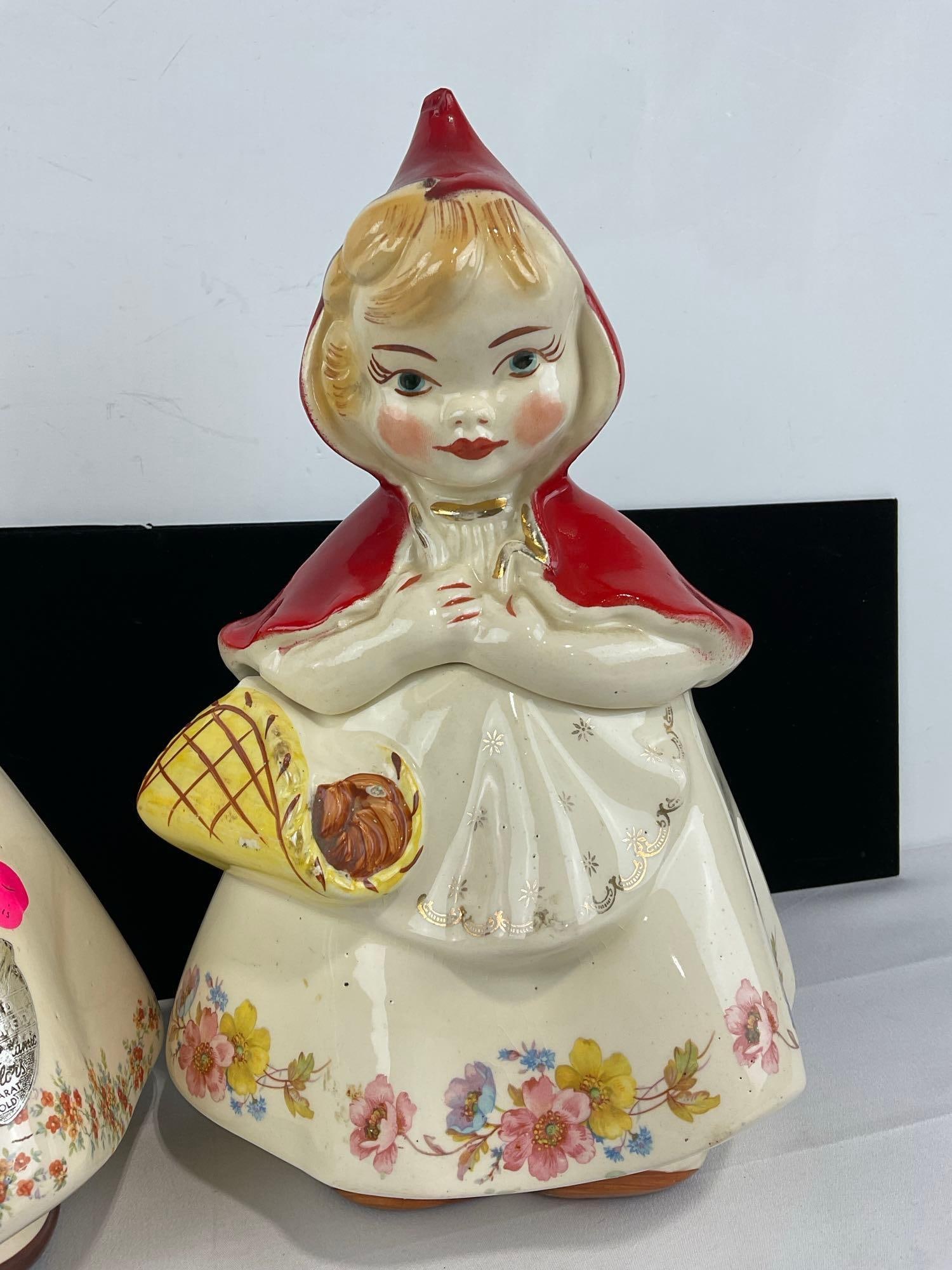 Vintage 1967 Hull Ware Little Red Riding Hood Cookie Jars, 2, bases, 1 top, some wear - 2