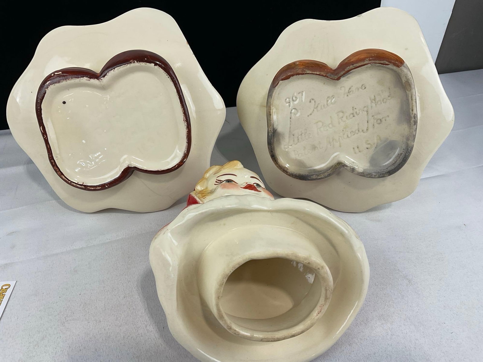 Vintage 1967 Hull Ware Little Red Riding Hood Cookie Jars, 2, bases, 1 top, some wear - 7