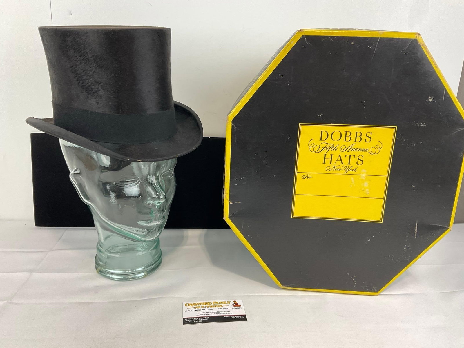 Vintage French Top Hat, made by Chapellerie Bronkaers, 98 Rue du Bruel Malines w/box: Possibly authentic felt. Appears to be in good shape. The piece measures approx 9h x 16w x 14d inches. See pics. E-5950