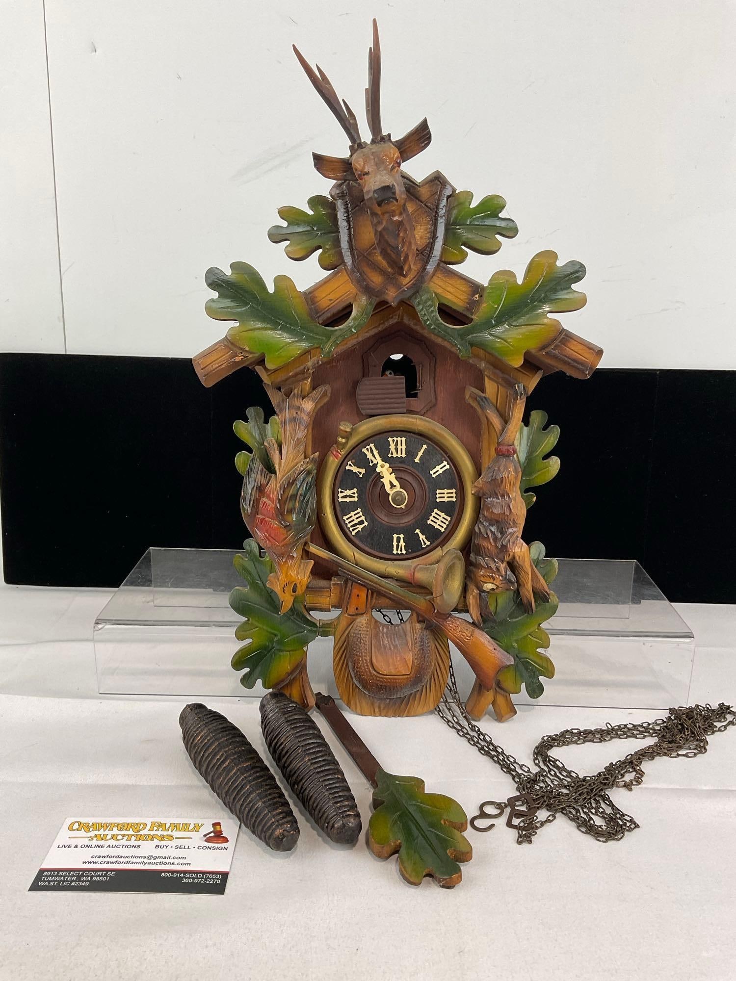 Vintage German Black Forest Hunter Style Cuckoo Clock, w/pinecone weights (1 of 5)