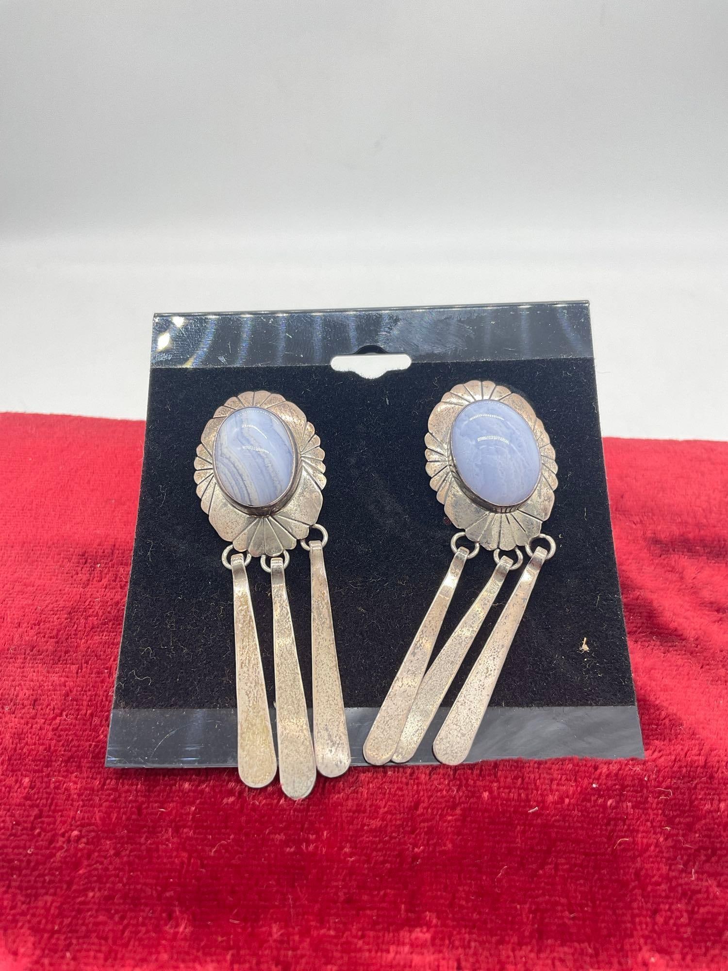 Vintage Nakai sterling silver Native American designed dangle earrings w/ blue striped agate: Approx 2 1/2" in length