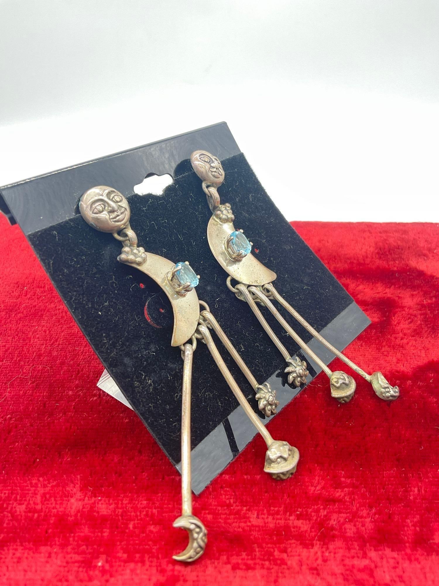 Sterling Silver vintage Carol Felley moon and stars motif earrings with blue topaz setting - 2