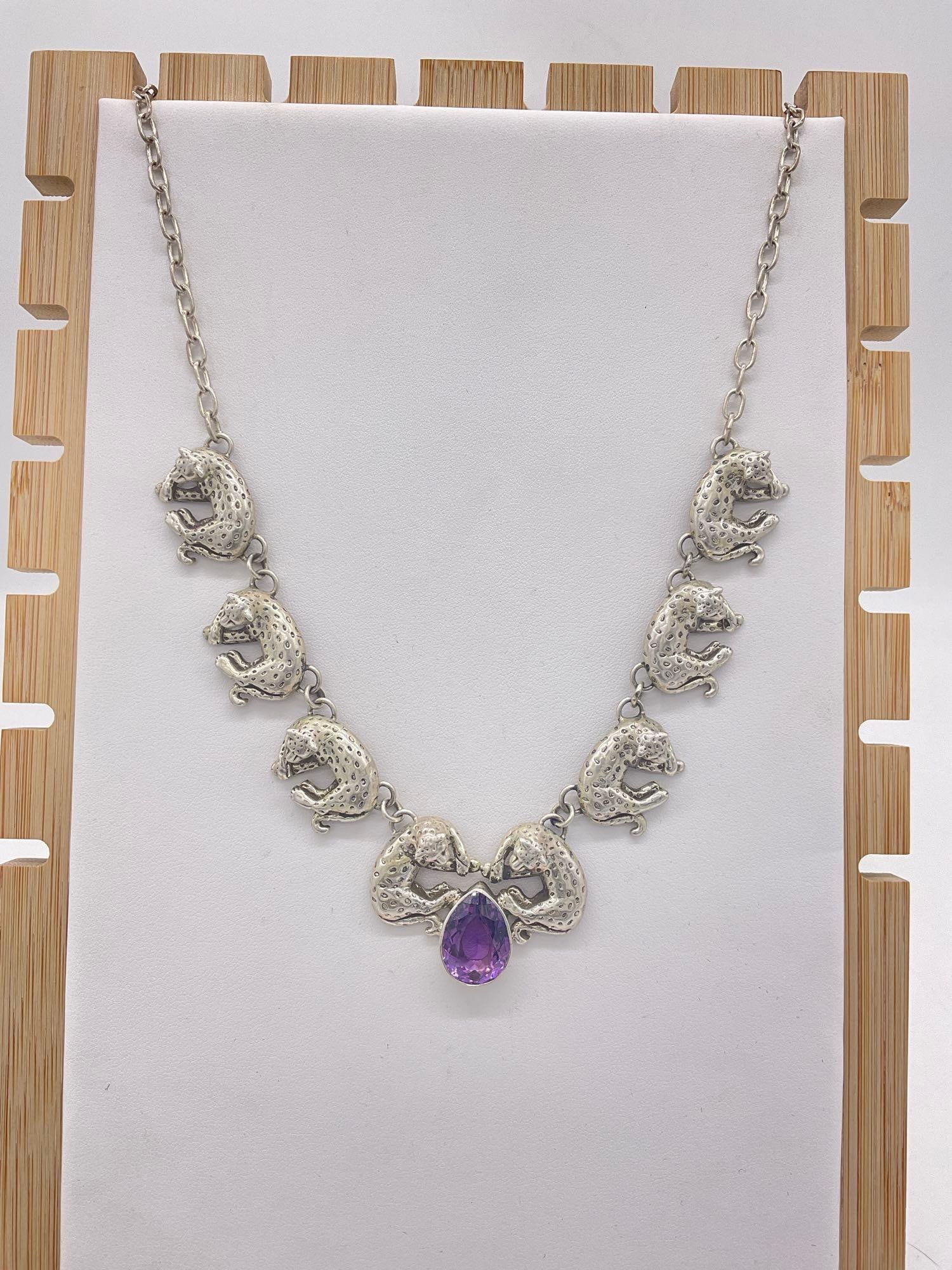 1990 sterling silver Carol Felley gorgeous leopard statement necklace w/ amethyst tone setting: Approx 50 grams ttw and approx 18" in length