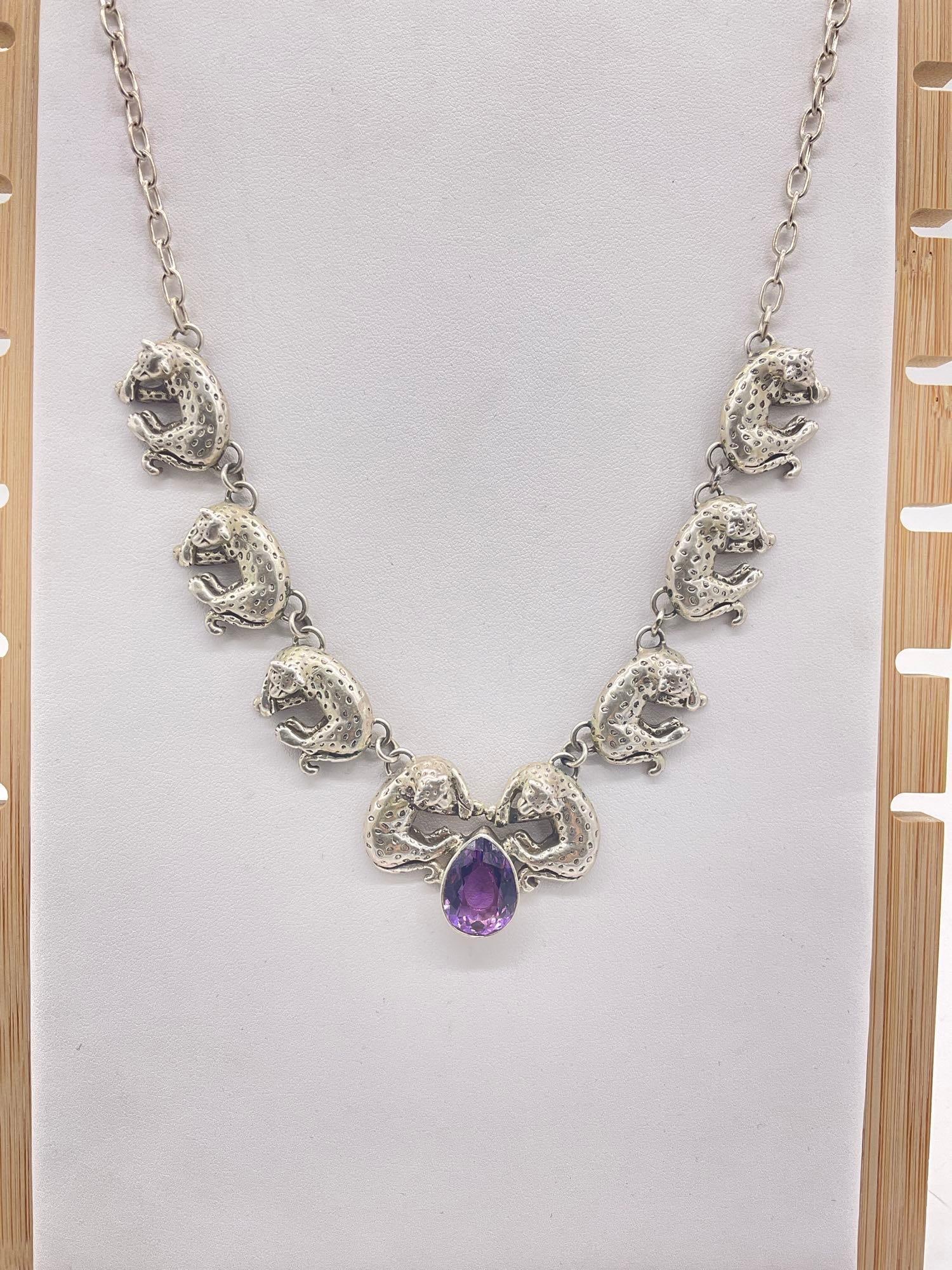 1990 sterling silver Carol Felley gorgeous leopard statement necklace w/ amethyst tone setting - 2