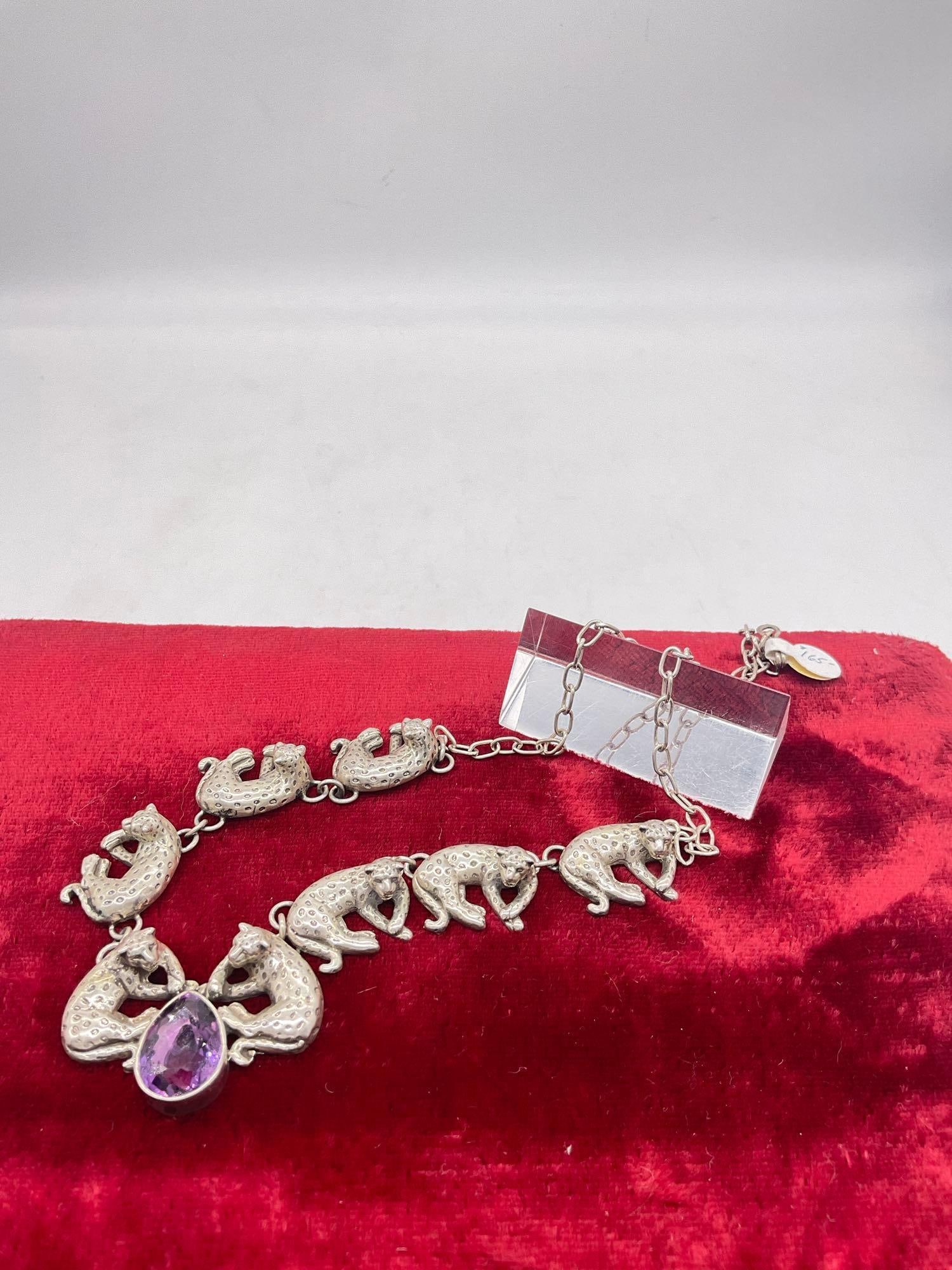 1990 sterling silver Carol Felley gorgeous leopard statement necklace w/ amethyst tone setting - 3