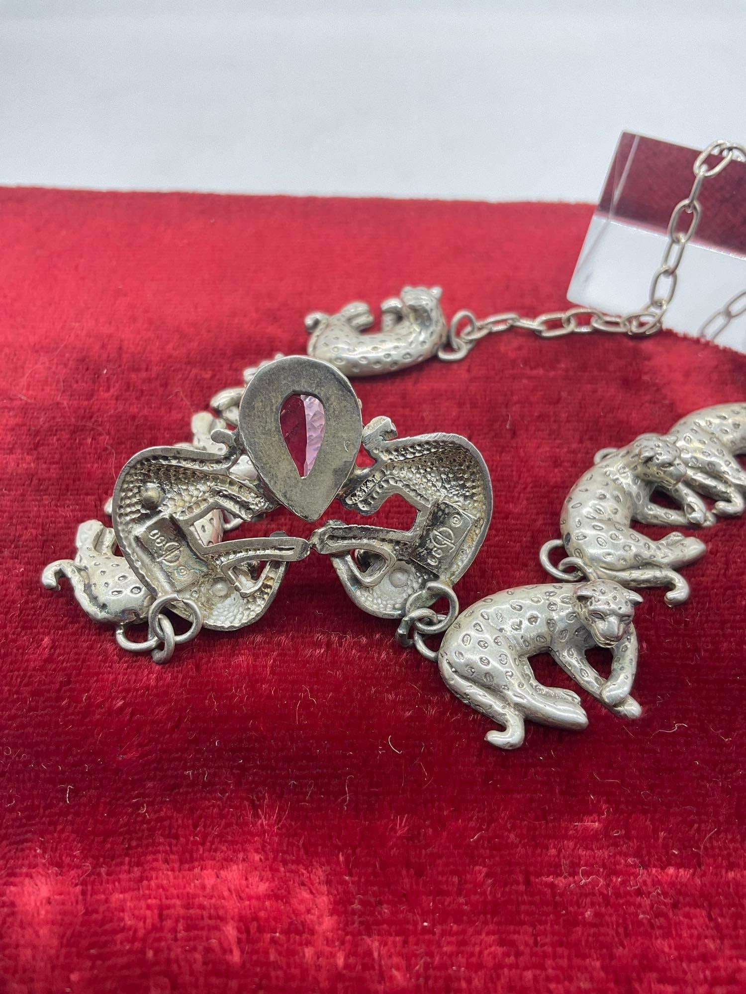 1990 sterling silver Carol Felley gorgeous leopard statement necklace w/ amethyst tone setting - 4