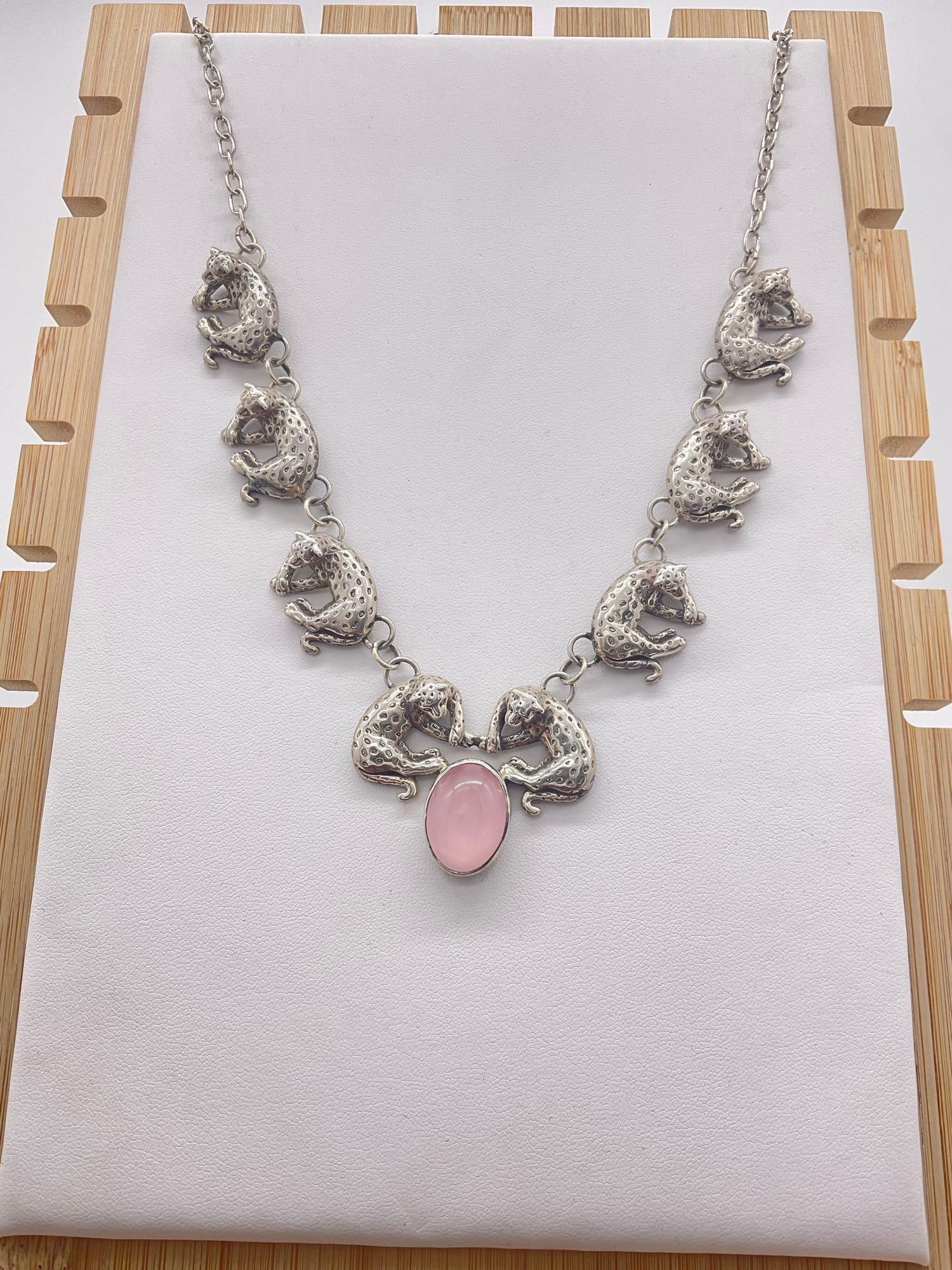 1990 sterling silver Carol Felley gorgeous leopard statement necklace w/pink rose quartz setting: Approx 18" in total length, and approx 50 grams